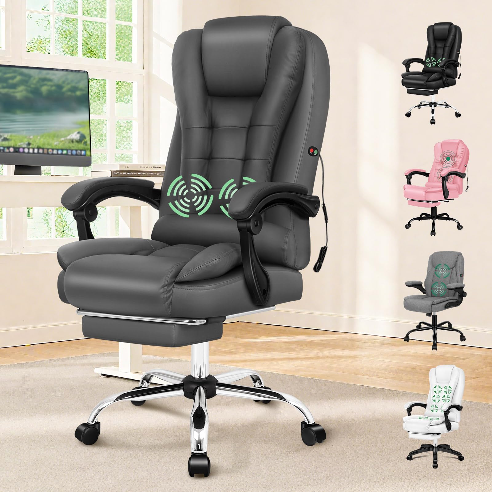 ELFORDSON 2-Point Massage Office Chair for Home, PC Gaming Chair with Footrest and Lumbar Support, High Back 150° Reclining Executive Desk Chair with Padded Armrest, PU Leather, Grey