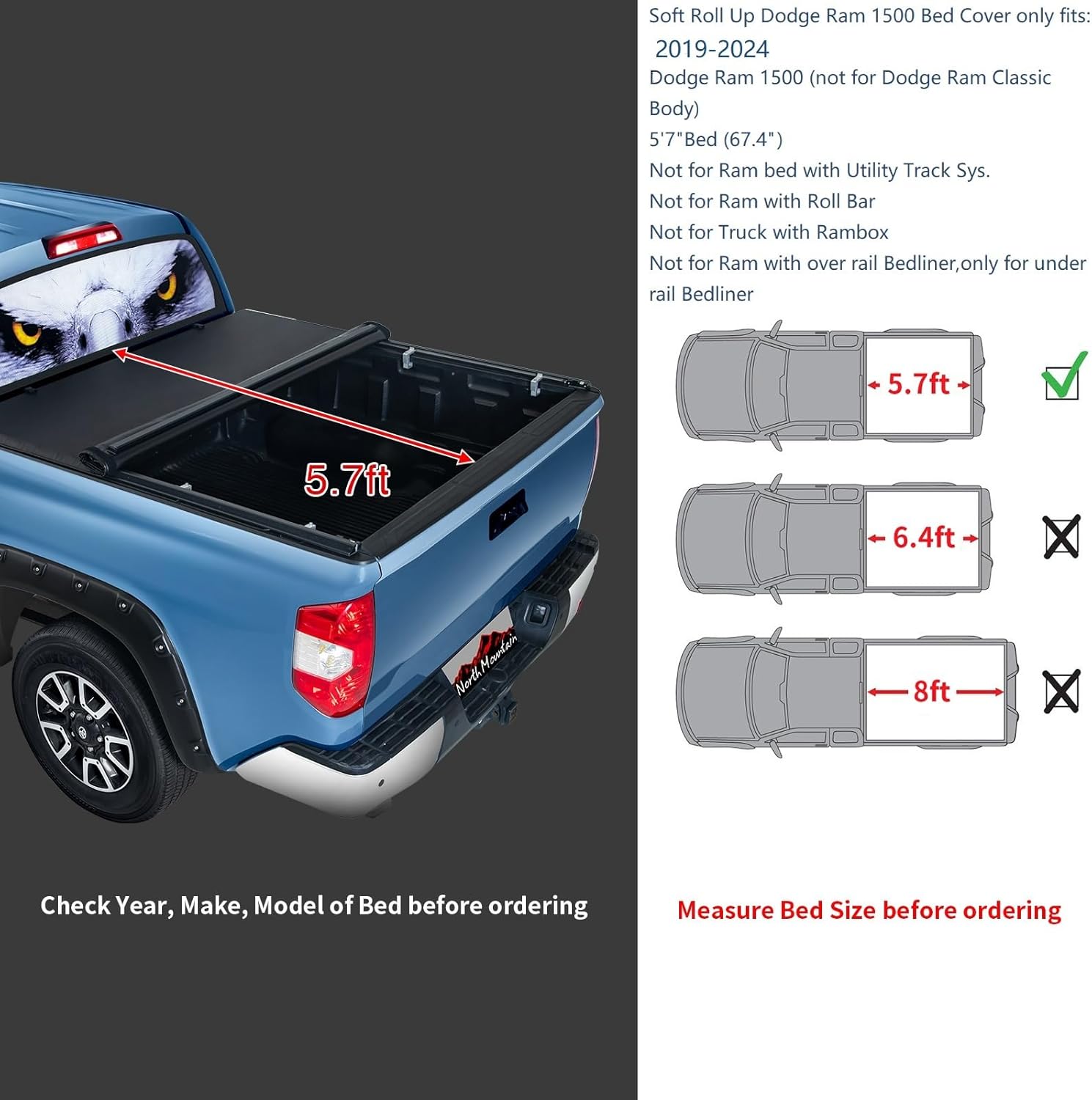 North Mountain 5.7ft Soft Roll Up Truck Tonneau Cover fits 2019-2025 Dodge Ram 1500 New Body 5.7ft Fleet/Styleside Bed(67.4"), not fit Classic Body Style, Rambox & Multi-Function Tailgate