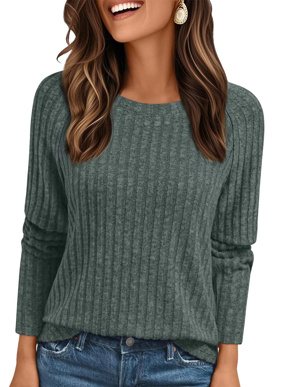 AirMood Damen-T-Shirt, elegant, lässig, langärmelig, Tunika, Tops, Rundhalsausschnitt, lockere Passform, Sweatshirts