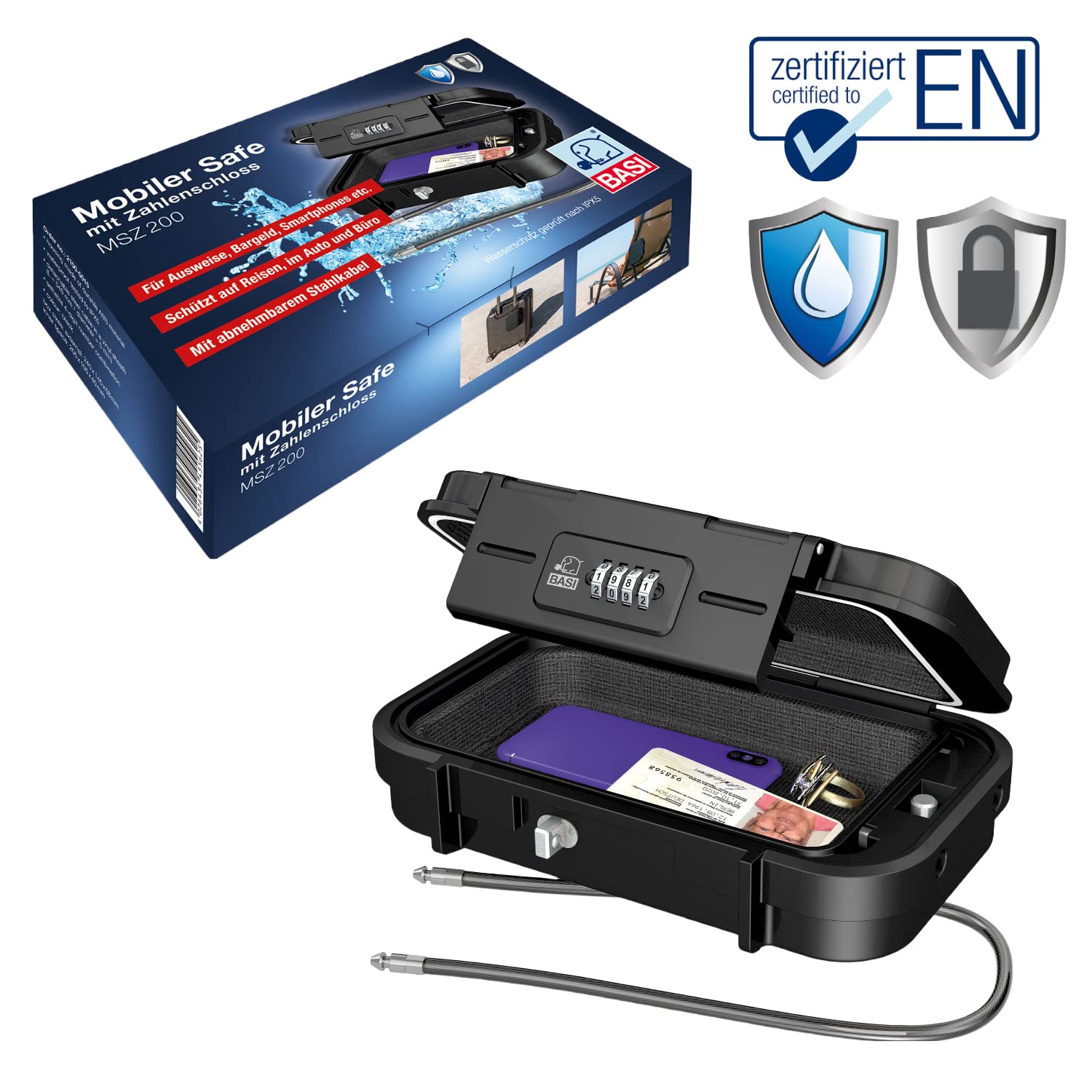BASI cassaforte portatile con serratura a combinazione 4 cifre, cavo di sicurezza rimovibile, mini cassaforte con fune metallica, L24 x 14 x A 5,8 cm, protezione acqua IPX5