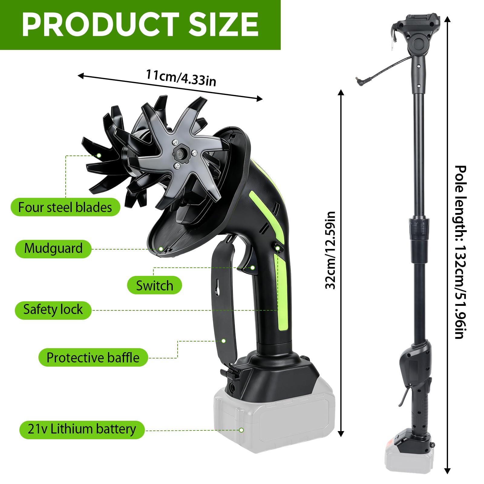Akku-Bodenhacke kompatibel mit Makita Akku 21V, 2 in 1 Elektro-Bodenhacke für Garten und Rasen mit 10 cm Arbeitstiefe, 10cm Arbeitsbreite (Batterie Nicht enthalten)