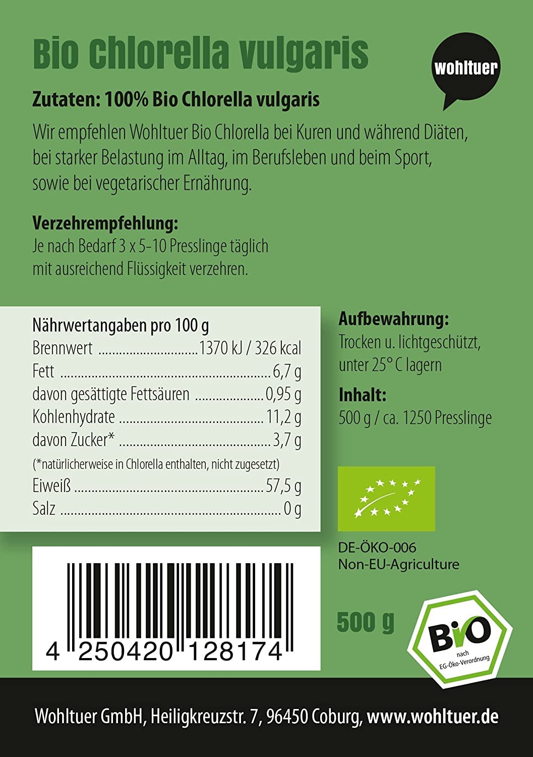 Wohltuer Bio Chlorella Rohkostqualität (DE-ÖKO-006) 500 g + 1.250 Tabletten a 400mg