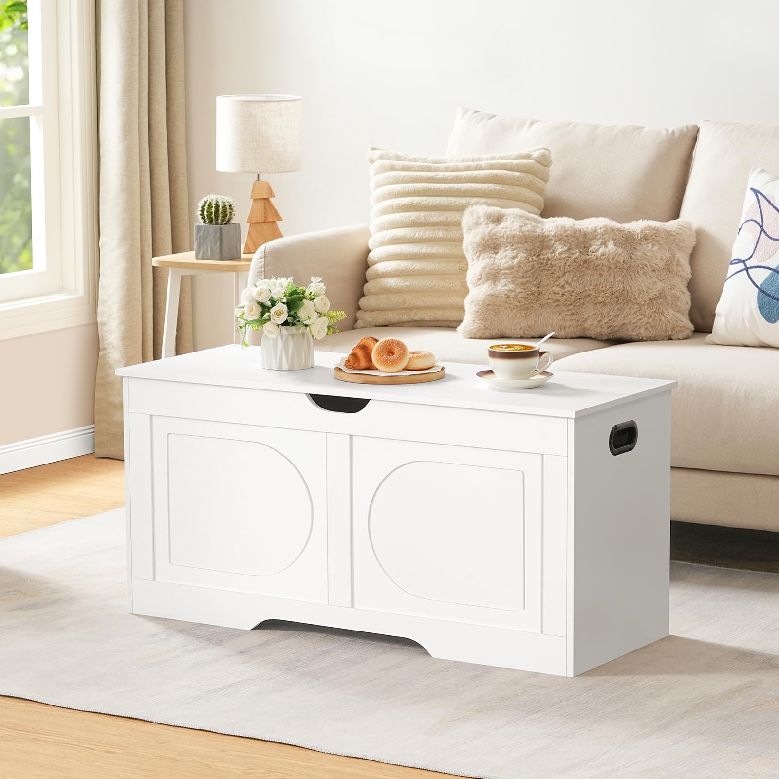 MAHANCRIS Truhe, Sitzbank mit Stauraum, große Spielzeugkiste, Schuhbank, Spanplattentruhe, 100 x 40 x 48 cm, für Eingangsbereich, Schlafzimmer, Wohnzimmer, Weiß ASCWT2001
