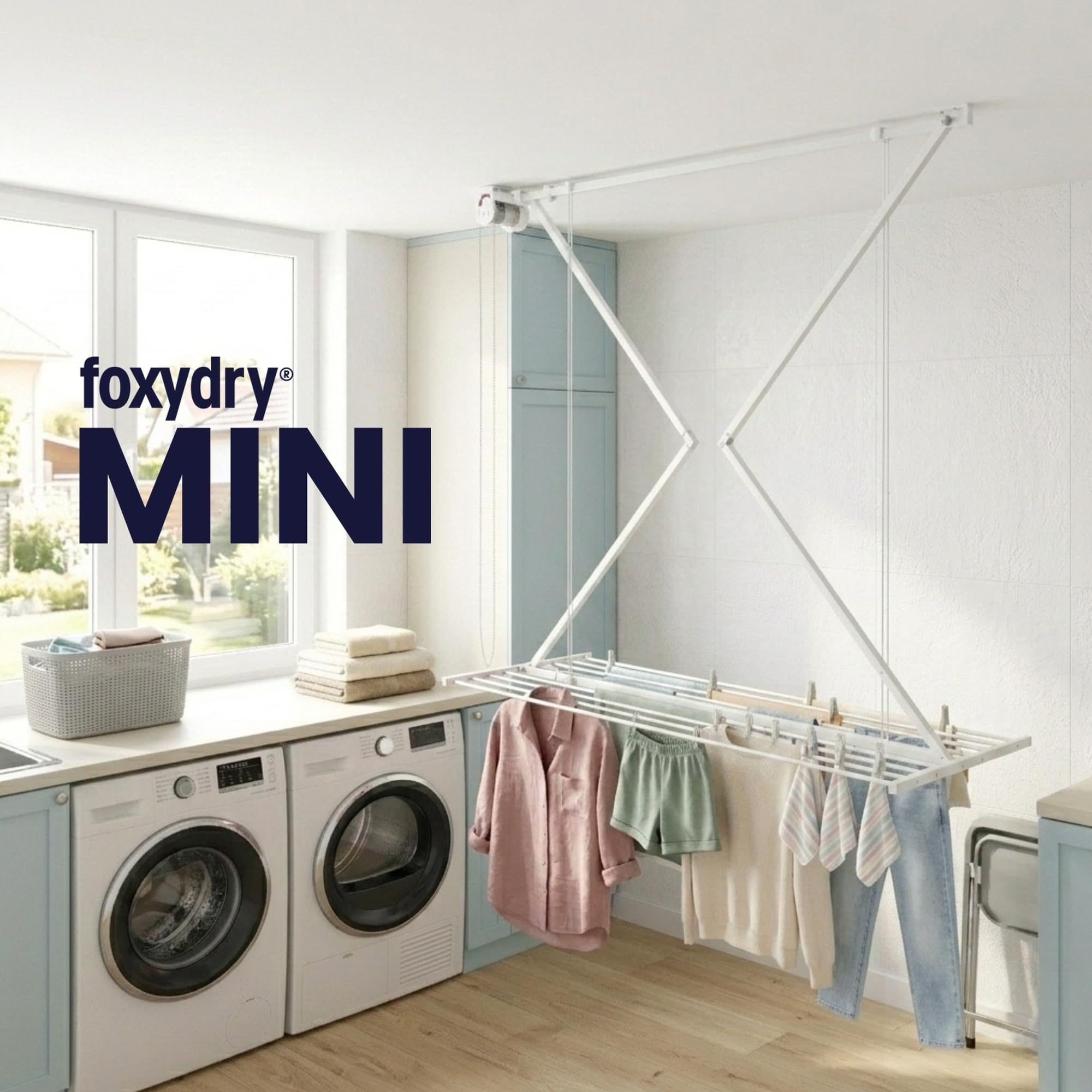 foxydry Mini Étendoir de Plafond, séchoir à Linge Vertical rétractable, Repliable et Extensible pour intérieure et extérieure, étendoir pour Balcon (Blanc, 128 cm)