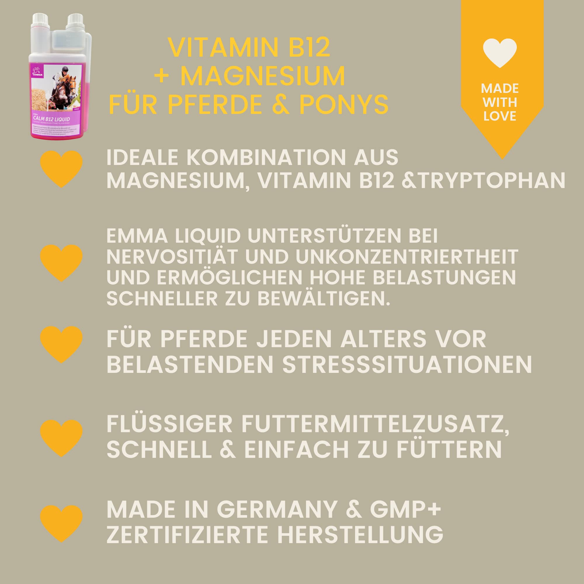 Magnesio Caballo Vitamina B12 I Calm I Antiestrés para calmar los Nervios I L Triptófano líquido I Vit B 12 para la ansiedad Relajación I para el Transporte I apoya la Calma Caballo nervioso Pony 1L