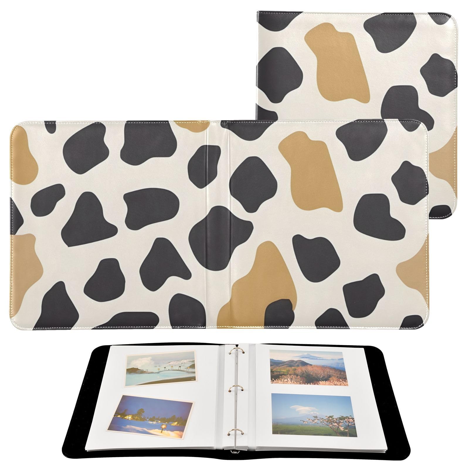 JIPONI Cow Spots Large Photo Album, DIY Leather Cover Scrapbook Albums for 4x6 5x7 6x8 Pictures, Self Adhesive Memory Book for Wedding, Baby, Family