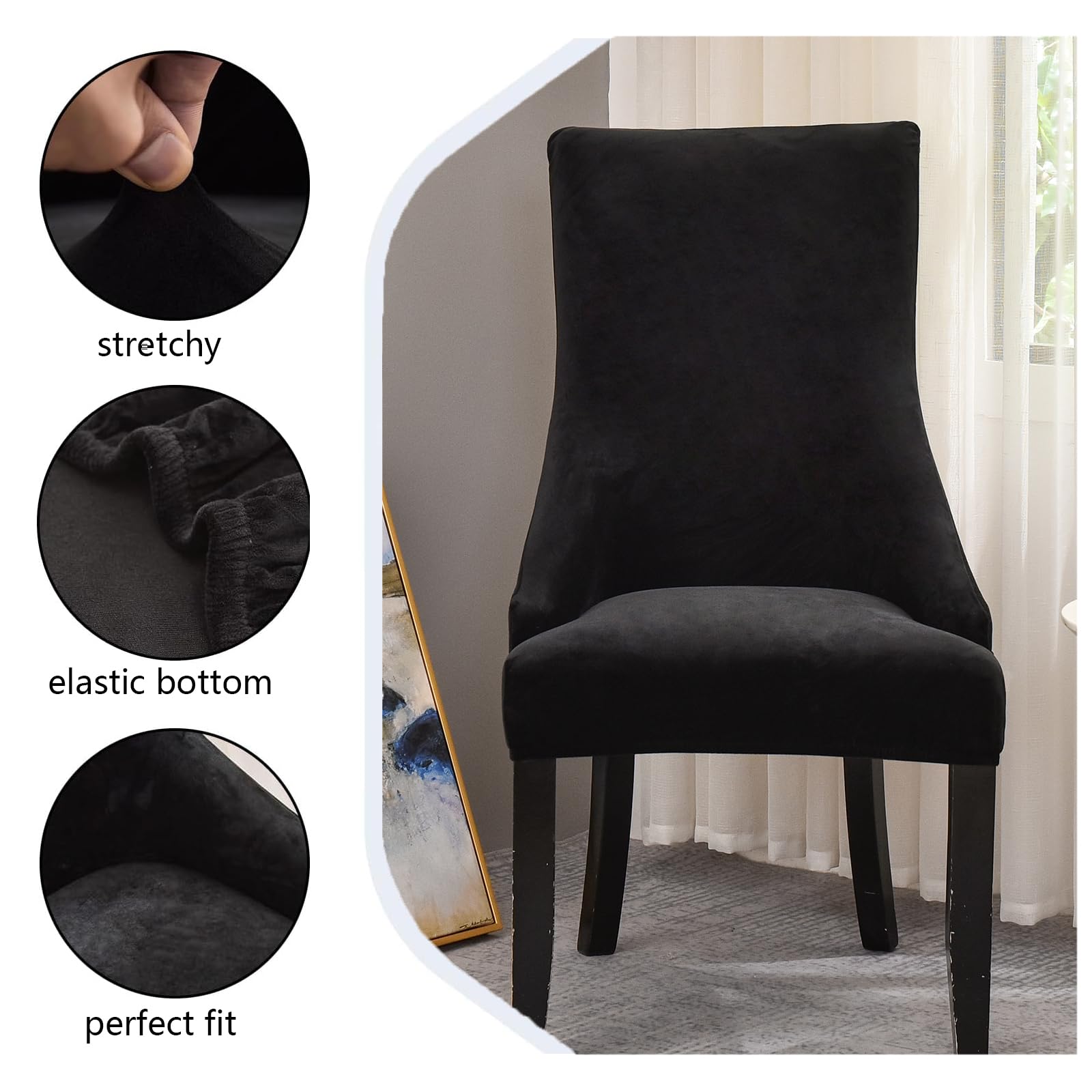 Stuhlhussen für Esszimmerstühle, Samt, Flügelrückseite, Seitenstühle, mit elastischer Unterseite, für Bankett zu Hause, 2 Stück, Schwarz, 2 Stück