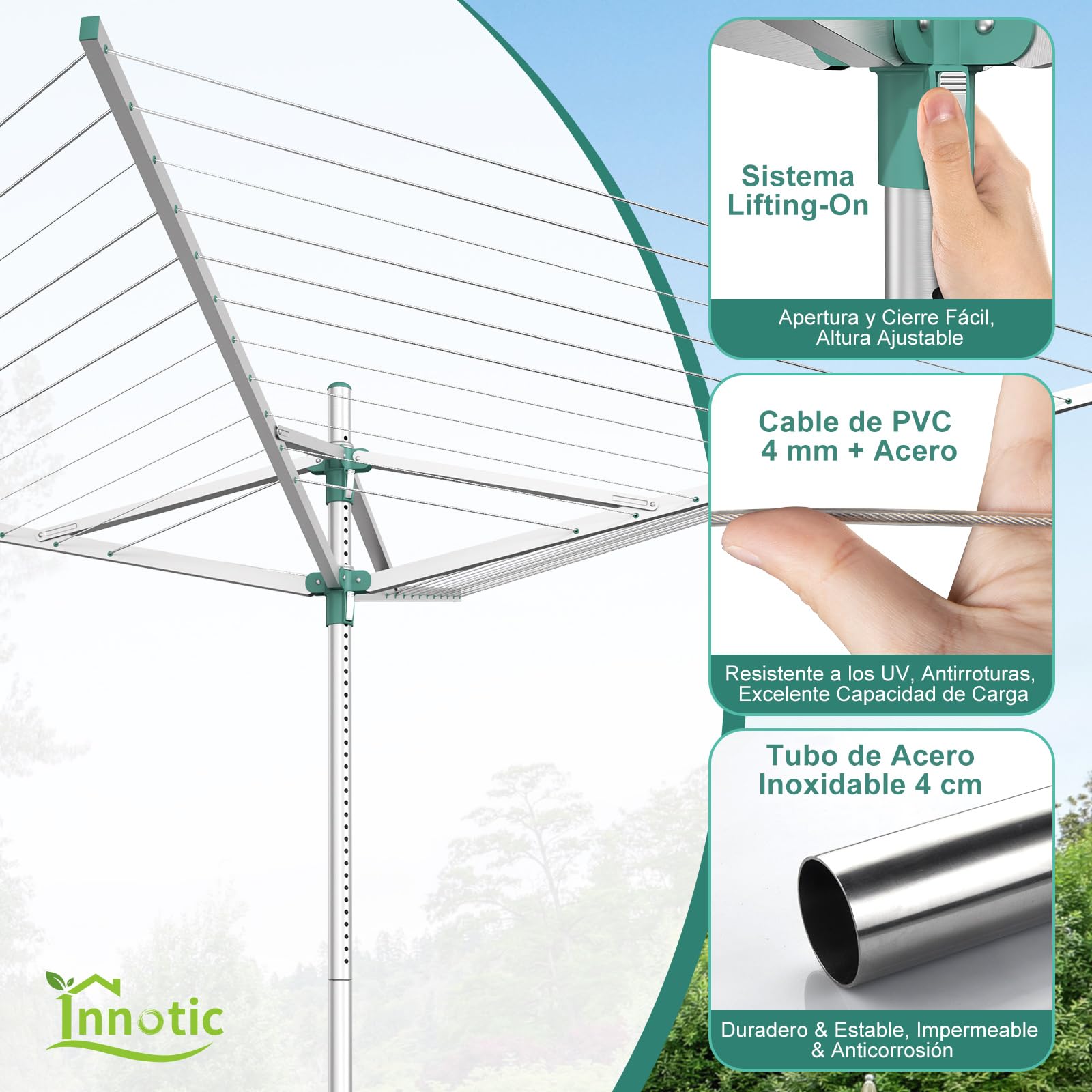 Innotic Tendedero para Exteriores, 4 Brazos 56 m, Tendedero Rotary Lift-O-Matic, Acero Inoxidable, Impermeable, Regulable en Altura, Apto para jardín, Capacidad máxima de Carga: 28 kg