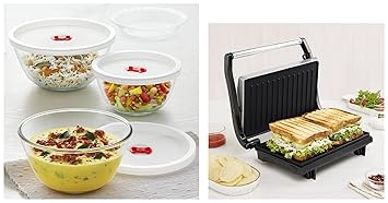 Borosil Prime Grill Sandwich Maker (Grey) & Borosil Glass Serving & Mixing Bowls with Lids, Oven & Microwave Safe Bowls, Set of 3 (500 ml + 900 ml + 1.3 L), Borosilicate Glass, Clear