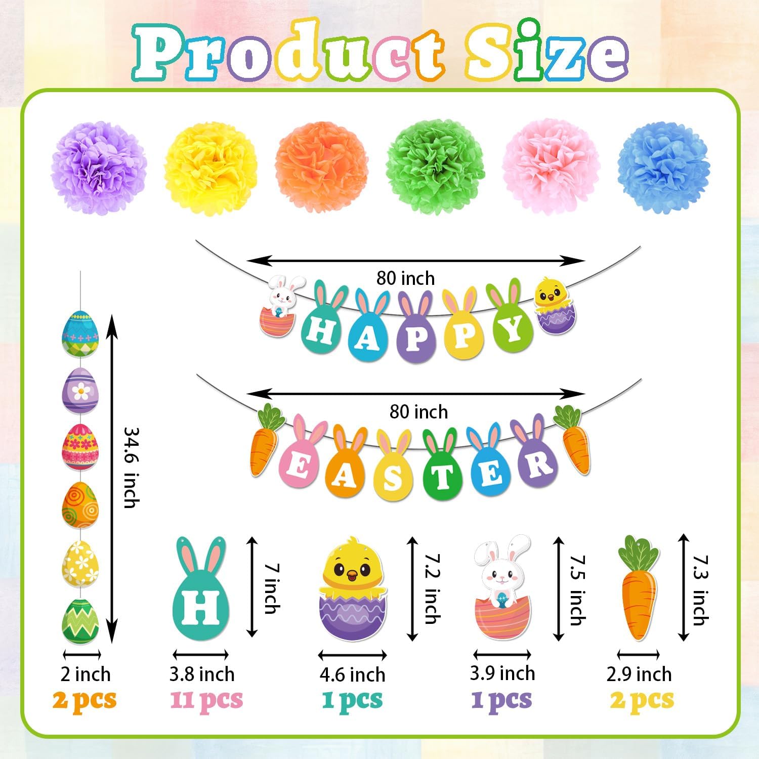 25Pcs Easter Decorations Set with Happy Easter Banner, Easter Egg Garland, Pompoms & Hanging Swirls for Home, Classroom, Easter Party Decorations Indoor - Image 3