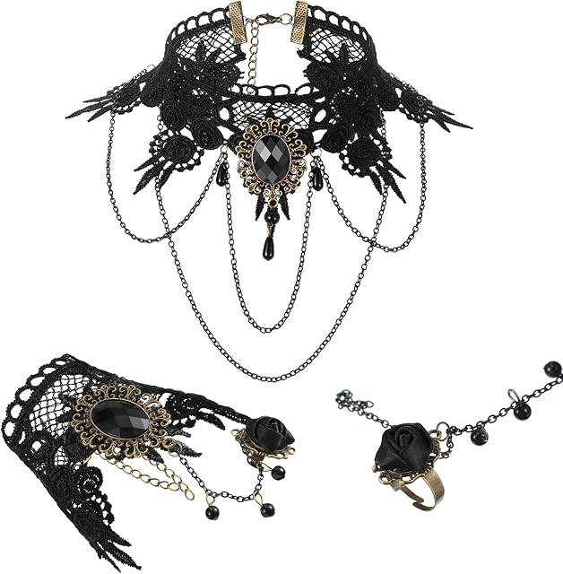 Black Choker Lace Necklace with Bracelet Set Punk Vintage Handmade Lolita Retro Bracelet Wristband Bead Pendant Gothic Halloween Necklace for Women