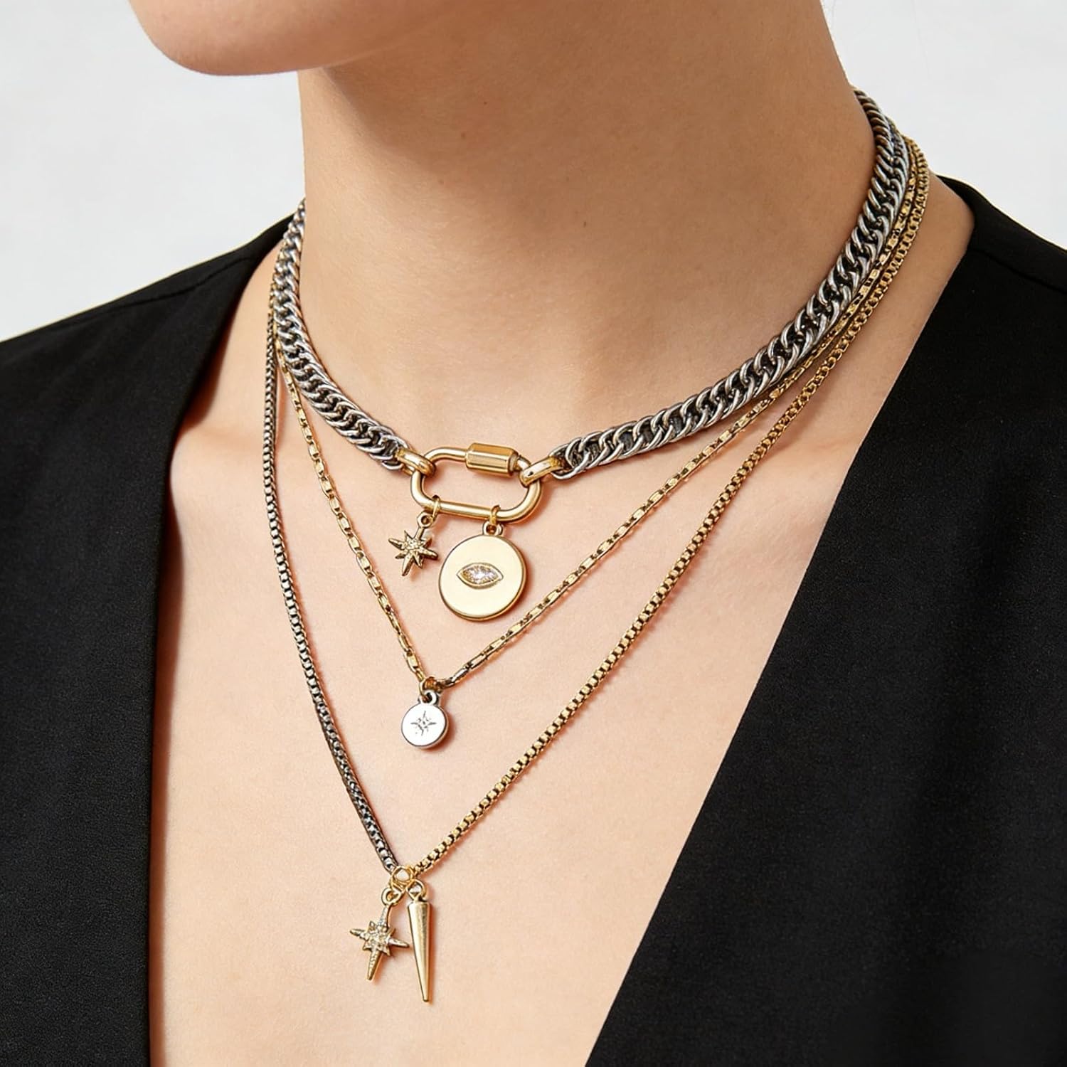 Layered Necklaces for Women,Chunky Statement Necklaces,Two Tone Necklace Chain,Stack Mixed Metal Necklace, Trendy Jewelry Gift for Her,Mixed Metal Jewelry