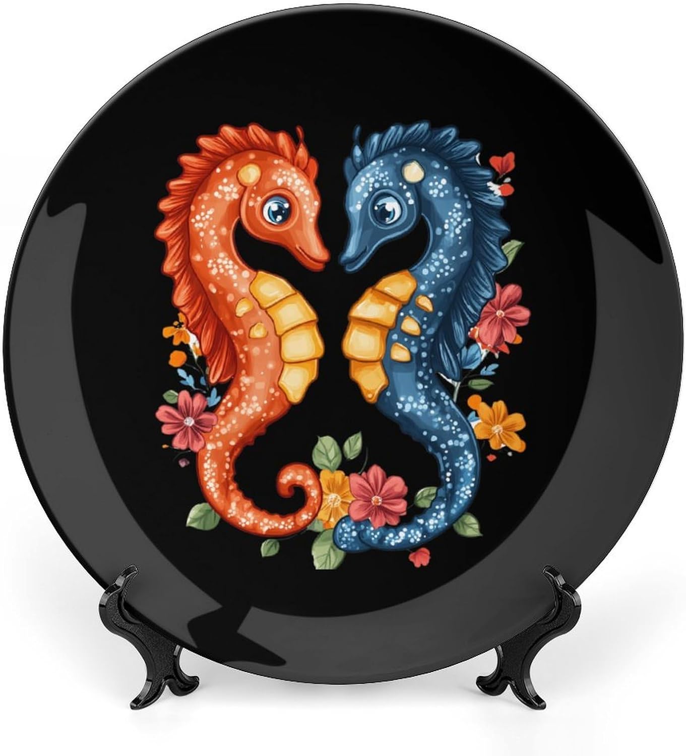 Seahorses Bone China Decorative Plate with Stand Home Dessert Plates Gift for Men Women 7inch