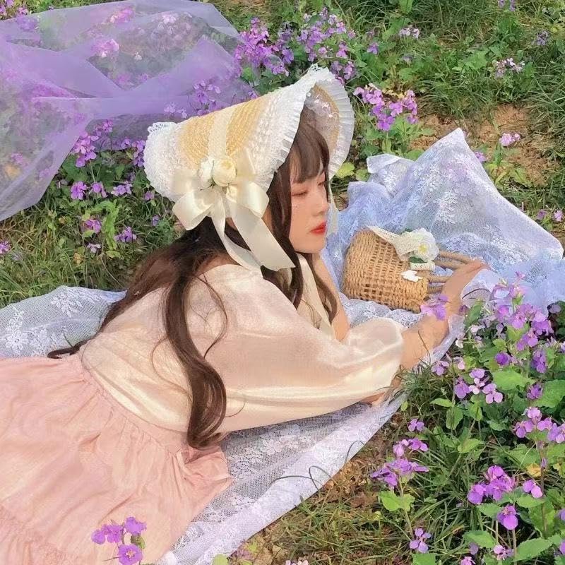 Sombrero victoriano de fiesta de té para mujer, con lazos de Lolita, sombreros de paja planos para mujer, sombrero de ala ancha con cordón de viento, color champán, Mediana 5