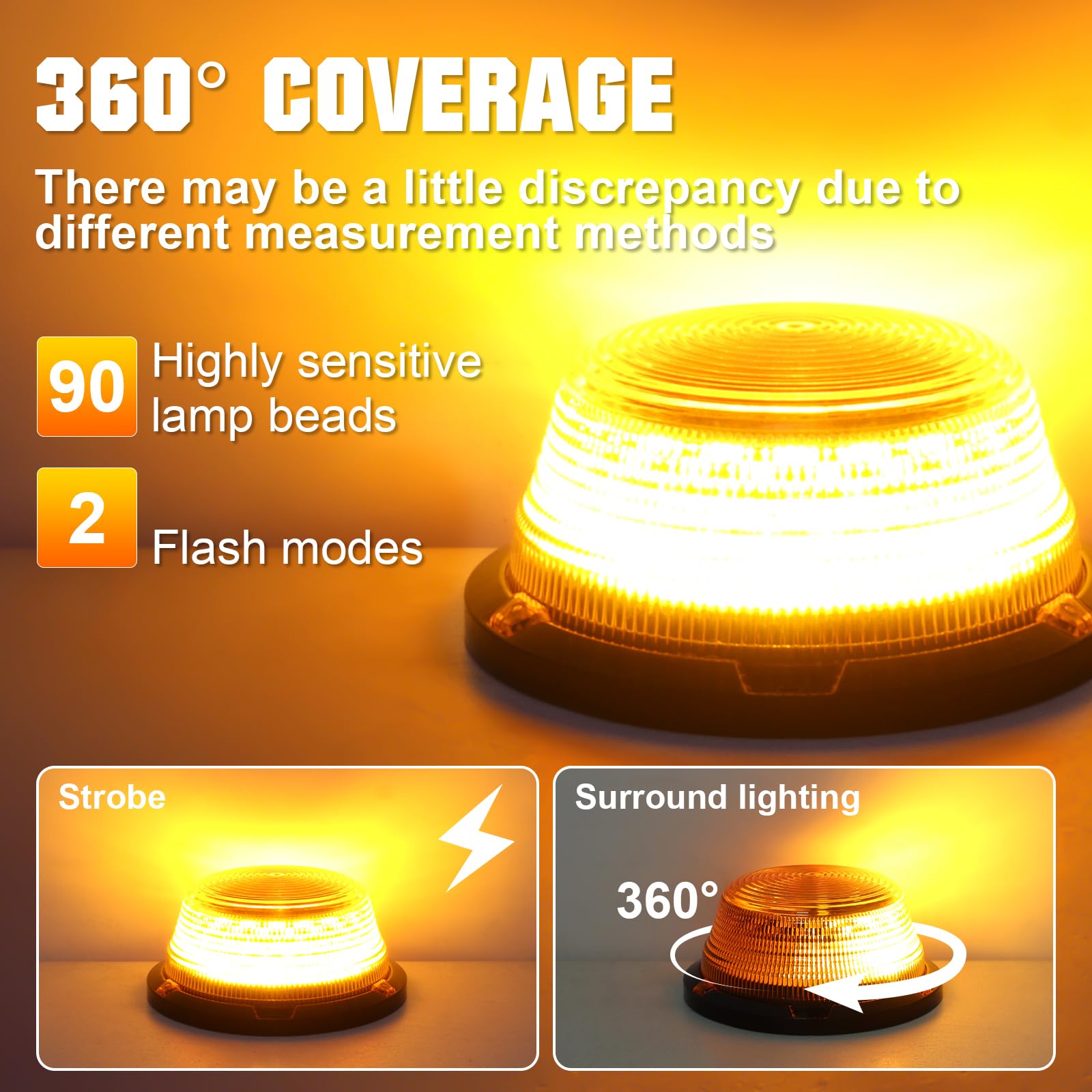 Luce Stroboscopica LED di Emergenza, 12V-24V Ambra, 90 LED, Luci da Avviso di Sicurezza Lampeggianti con Base Magnetica e Cavo da 9 Piedi per Autocarro, Veicoli, Carrelli Elevatori, Trattori