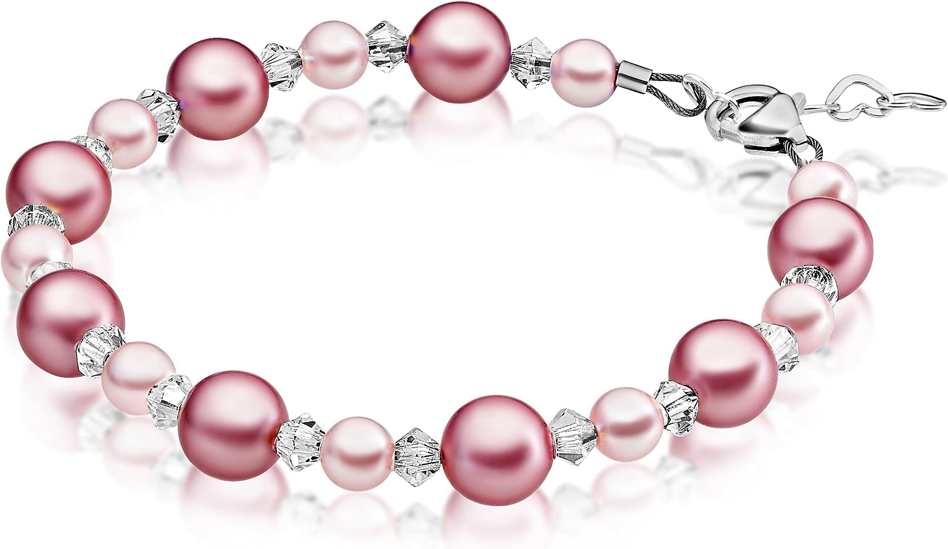 Baby CrystalsPretty Sterling Silver Pearl Bracelets for Girls with Rose and Pink European Crystals and European Simulated Pearls, Girls Jewelry, Pearl Bracelet for Girls, Birthday Gifts, Flower Girls
