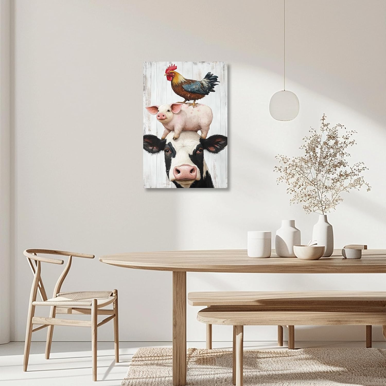 XLMDYYSW Farmhouse Wall Art Funny Cow Chicken Pig Picture Rustic Kitchen Canvas Print Vintage Farm Animals Painting for Living Room Bathroom Home Decor Framed (Brown, 18L x 12W)