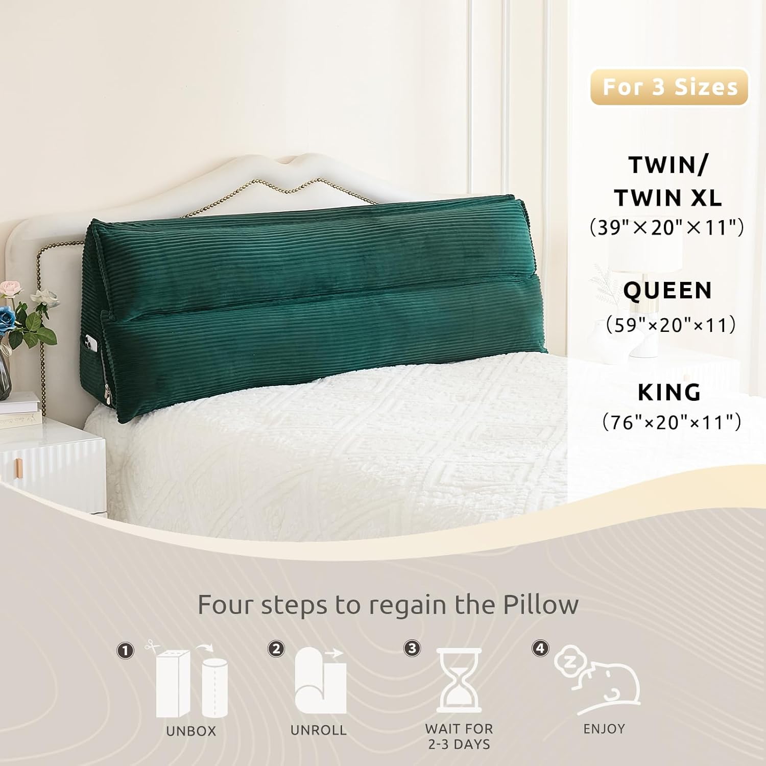 Zelladorra Wedge Pillow Headboard, Headboard Pillow King for Reading or Sitting, Bolster Pillow with Large Memory Foam, Removable Cover, Green