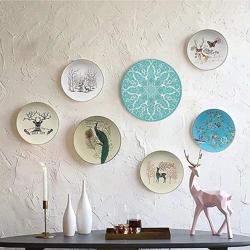 Miniatura 5 de LIGUTARS Platos de cerámica, platos de cerámica decorativos turquesa, curvas florales simétricas circulares simétricas, 10 pulgadas, para comedor,
