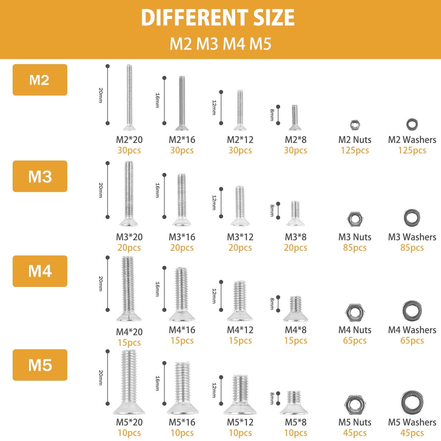 VIGRUE 940 Pieces M2 M3 M4 M5 Flat Head Socket Cap Screws 304 Stainless Steel Cap Bolts Nuts Washers Assortment Kit, Allen Socket Drive