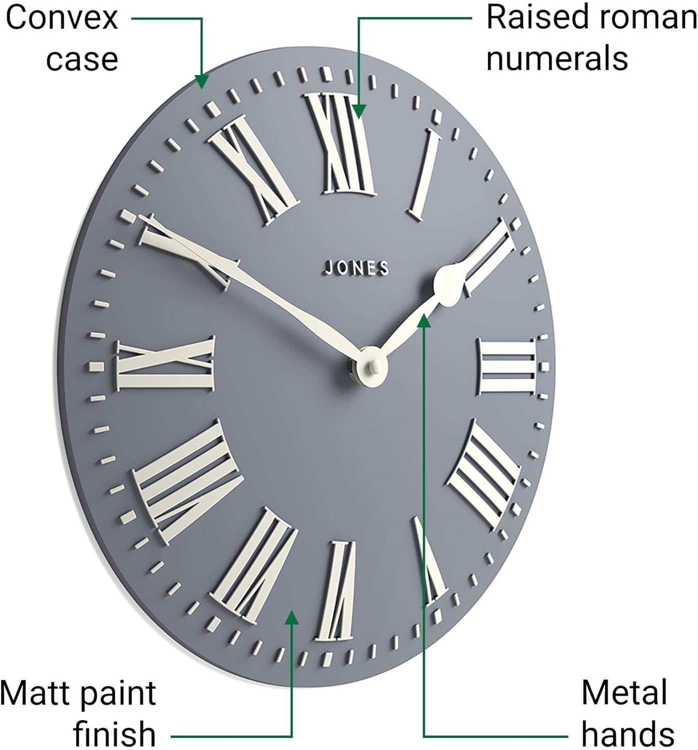 JONES CLOCKS® Strand Wall Clock | Modern Classic Convex Clock | 12 inch | Pale Blue | Roman Numerals| Ideal for The Kitchen, Living Room, Office or Bedroom