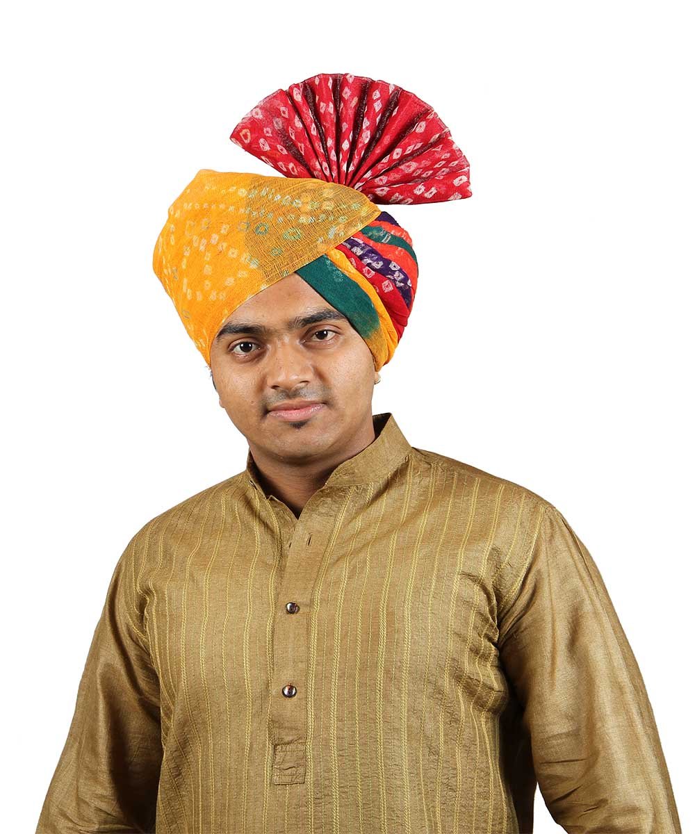KALAPURI Traditional Handstitched Ready to Wear Panchrangi Jodhpuri Bandhej Cotton Pheta (Turban Safa) for Men for Wedding/Marriage and Traditional Function in 21 Inches