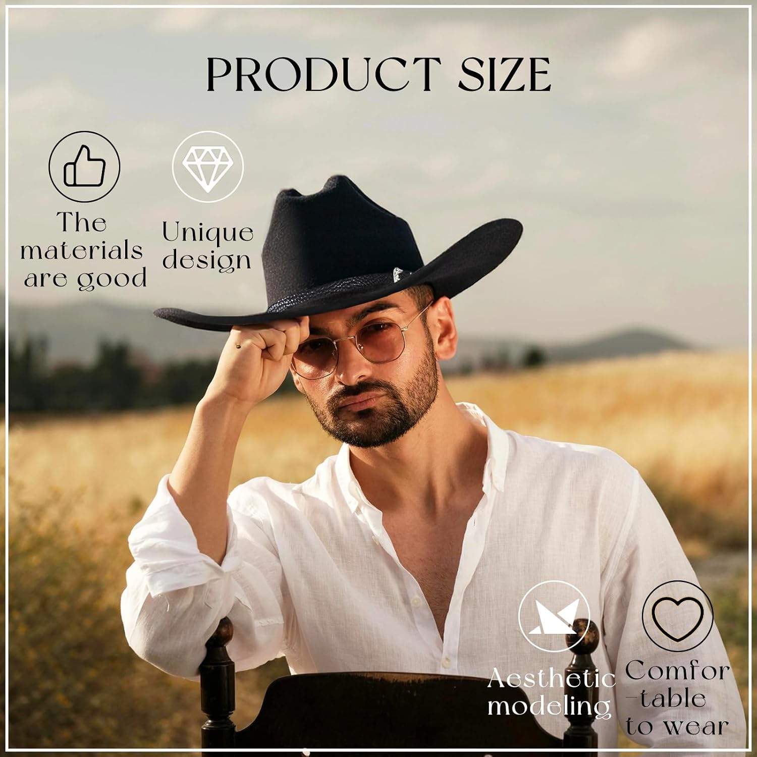 Classic Western Cowboy Hat for Men & Women, Felt Cowgirl Hat with Two Decorative Bands, ，Wide Brim， All-Season Wear