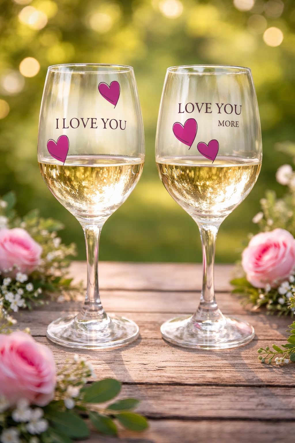 Love You More Wine Glass - Set of 2 Glasses with Pink Decorative Hearts - His and Her Romantic Glassware