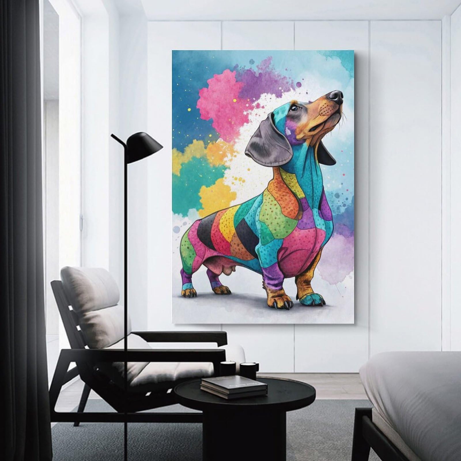 Junmoney Wall Art Print Colorful Dachshund Watercolor Painting, 16x24inch(40x60cm), for Living Room, Bedroom Or Apartment Walls, Modern Wall Decor for Cosy Interiors