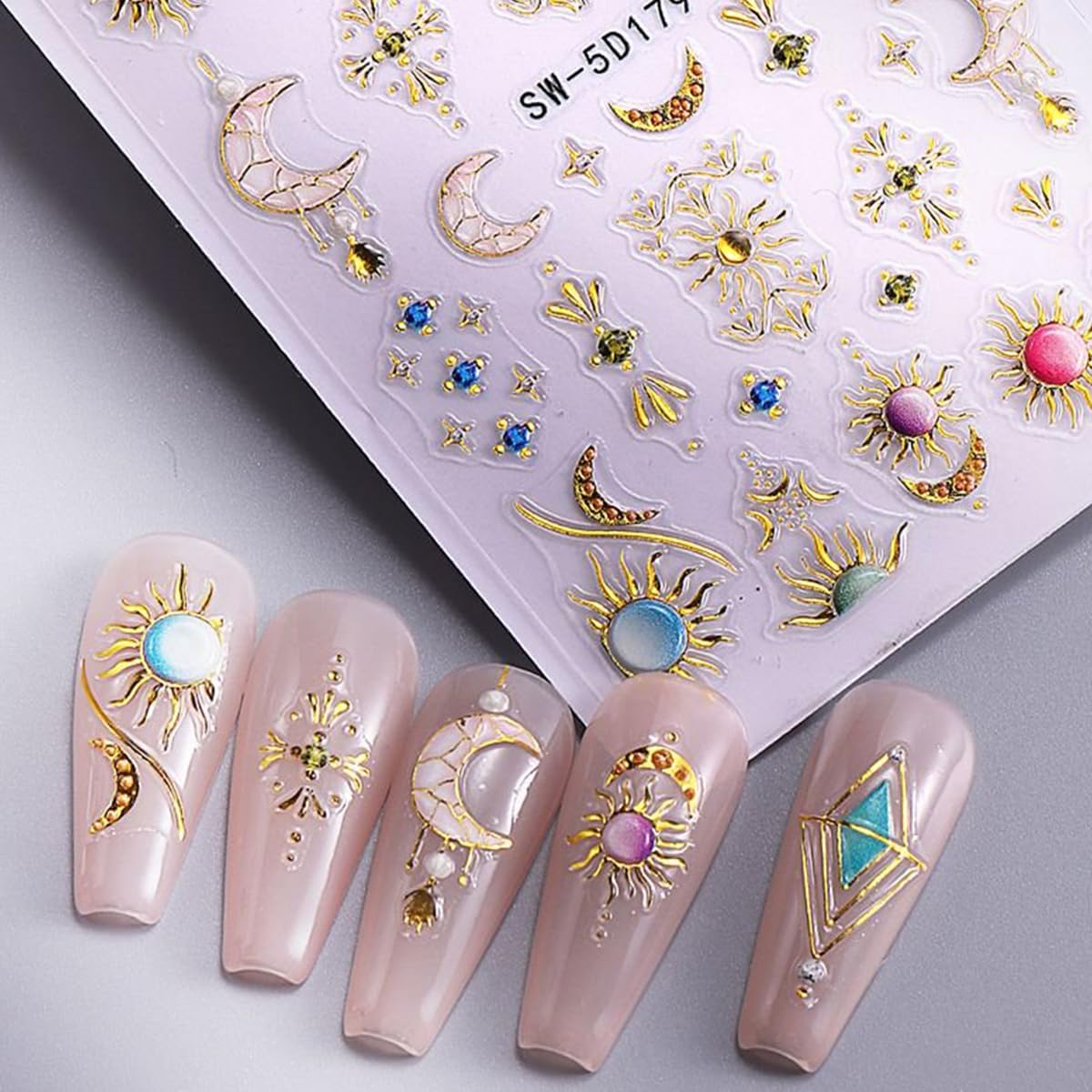 5D Embossed Star Sun Nail Art Stickers Flower Nail Decals Self-Adhesive Bohemian Style Nail Stickers Nail Designs Decoration for Women Girls Nail Art Supplies 2 Sheets image 5