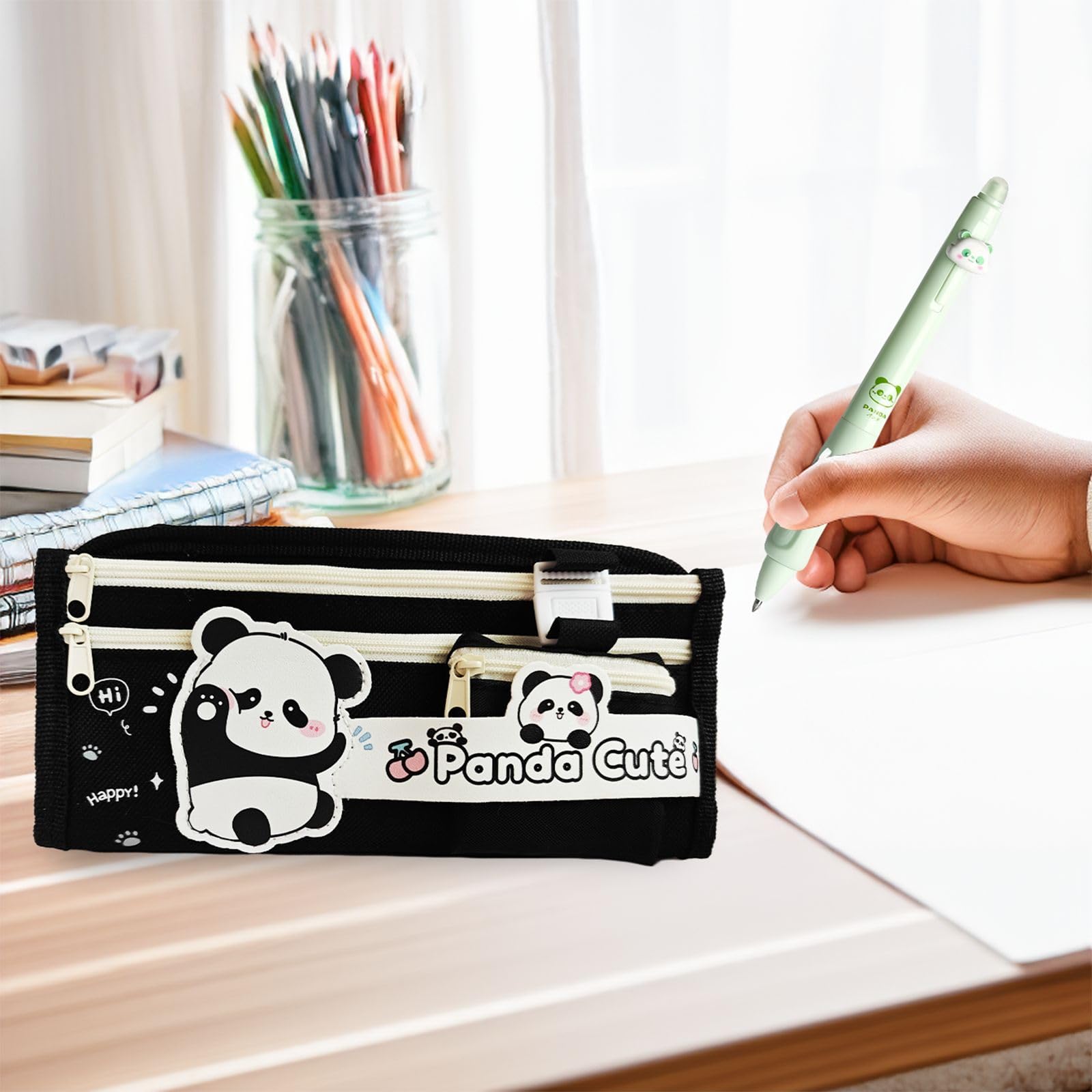 Trousse Scolaire Panda Kawaii Grande Capacité Plusieurs Compartiments Noir