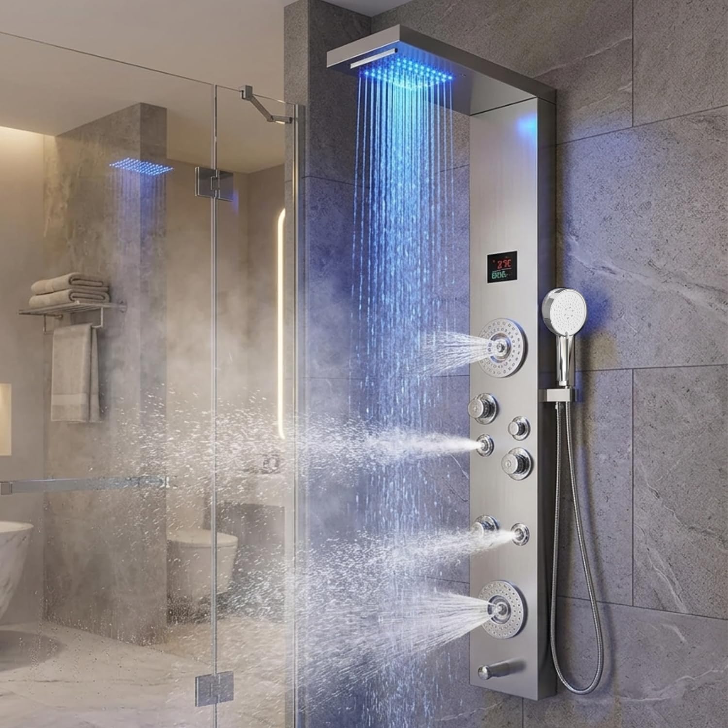 B Backline Shower Panel 7 in 1 With 5 Function Handshower | Multifunction Shower System With LED Rainfall Shower, Hot & Cold Water Adjustable, Massage Spray & Water Spout-image-1
