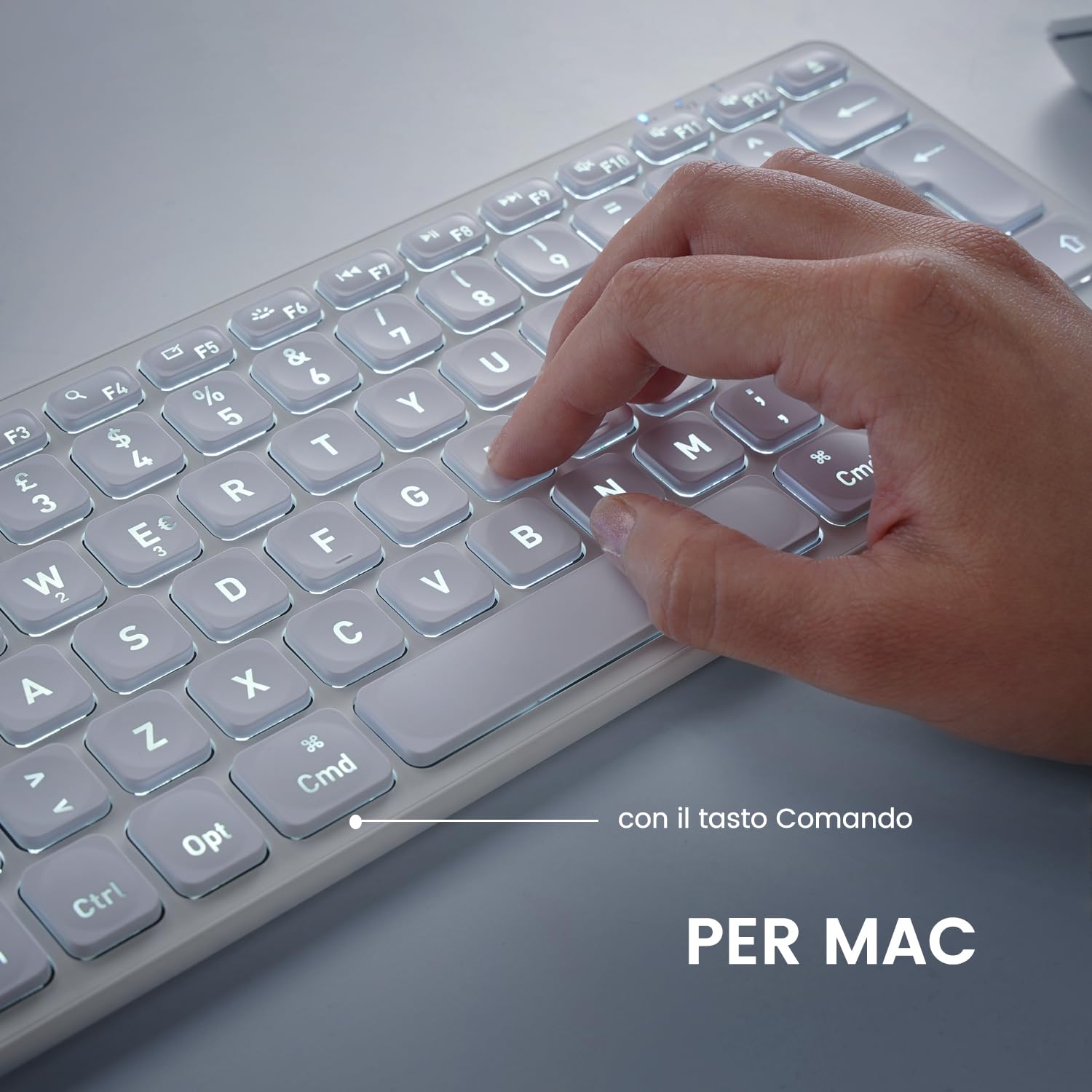 Perixx PERIBOARD-832M Tastiera Wireless Mini Retroilluminata, Bluetooth 5.1, Tasti a Forbice, Ricarica USB-C, Compatibile con macOS 11.2.1+, Layout Italiano QWERTY, Bianco