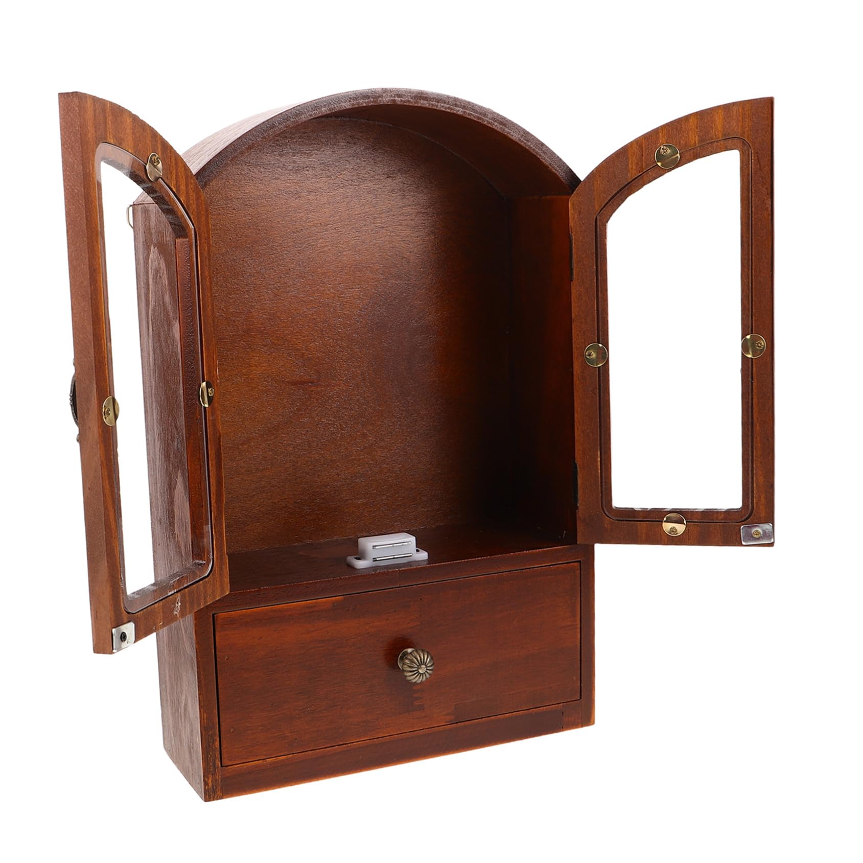 Elegancka drewniana szafka do przechowywania w stylu vintage ze szklanymi drzwiami, wielofunkcyjny pulpit z szufladą na kosmetyki, artykuły biurowe i rozwiązania do przechowywania w domu