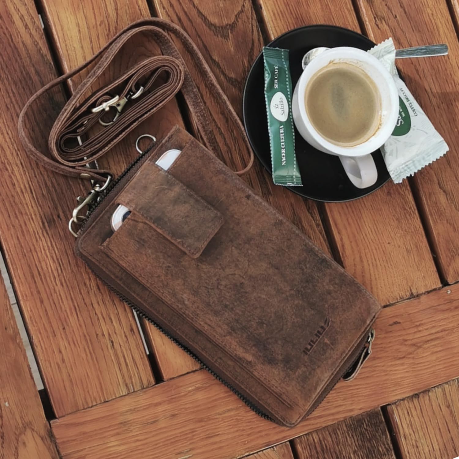 iulius Portefeuille en cuir véritable unisexe | Sac à bandoulière pour téléphone portable jusqu'à 7 pouces | Porte-cartes, portefeuille et porte-monnaie avec fermeture éclair | Sangle réglable, marron
