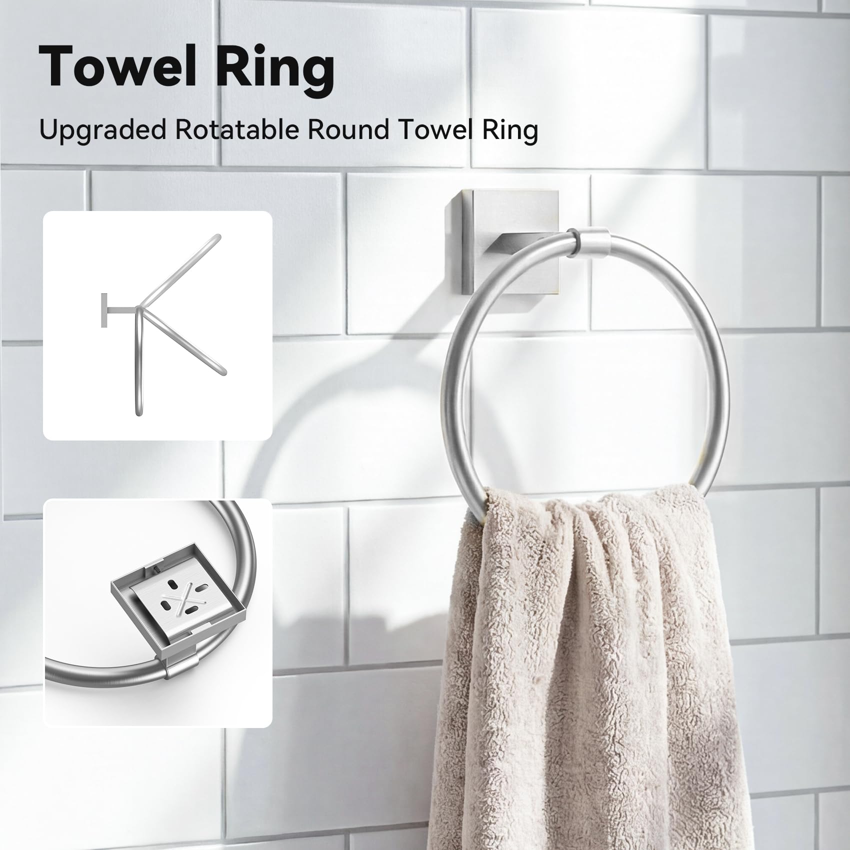 Brushed Nickel Towel Holder Set 4 Piece Bathroom Accessories Set SUS304 Stainless Steel Towel Ring Set Wall Mounted - 3