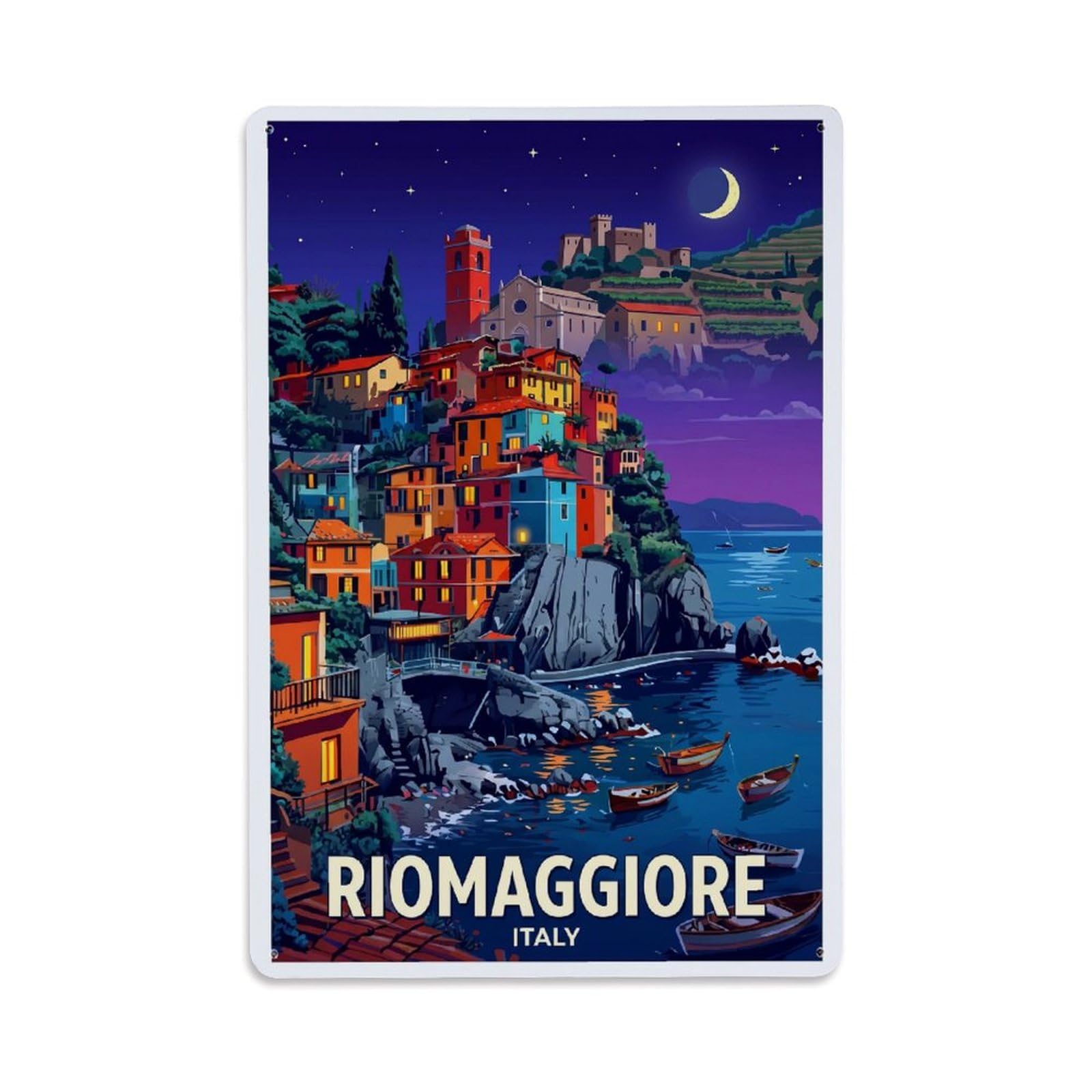 Huiyhb 8X12inch(20X30cm) Vintage Travel Riomaggiore Italy Night Metal Tin Sign