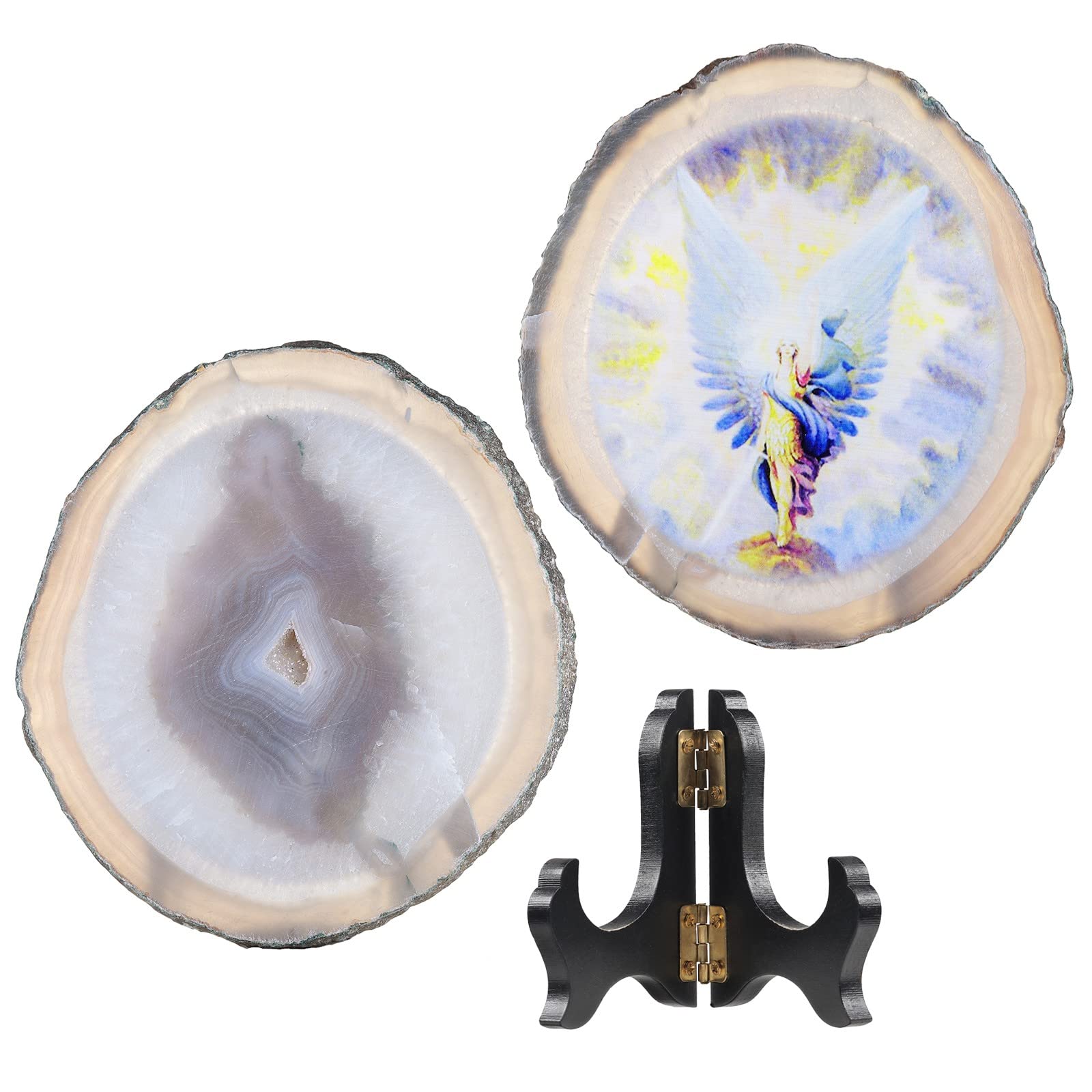 KYEYGWO Natural Irregular Agate Slice Painting Decor with Wooden Stand Agate Geode Slab for Desk Hallway Portrait of Angel - Image 2