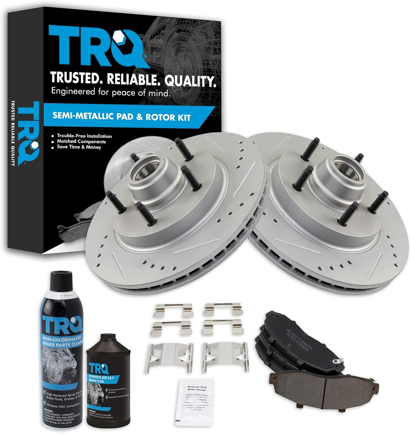 TRQ Front Performance Brake Pad & Rotor Kit Brake Chemical Kit Brake Pads Brake Rotors Set Semi-Metallic Premium G-Coated Compatible with 1997-1999 Ford F-150