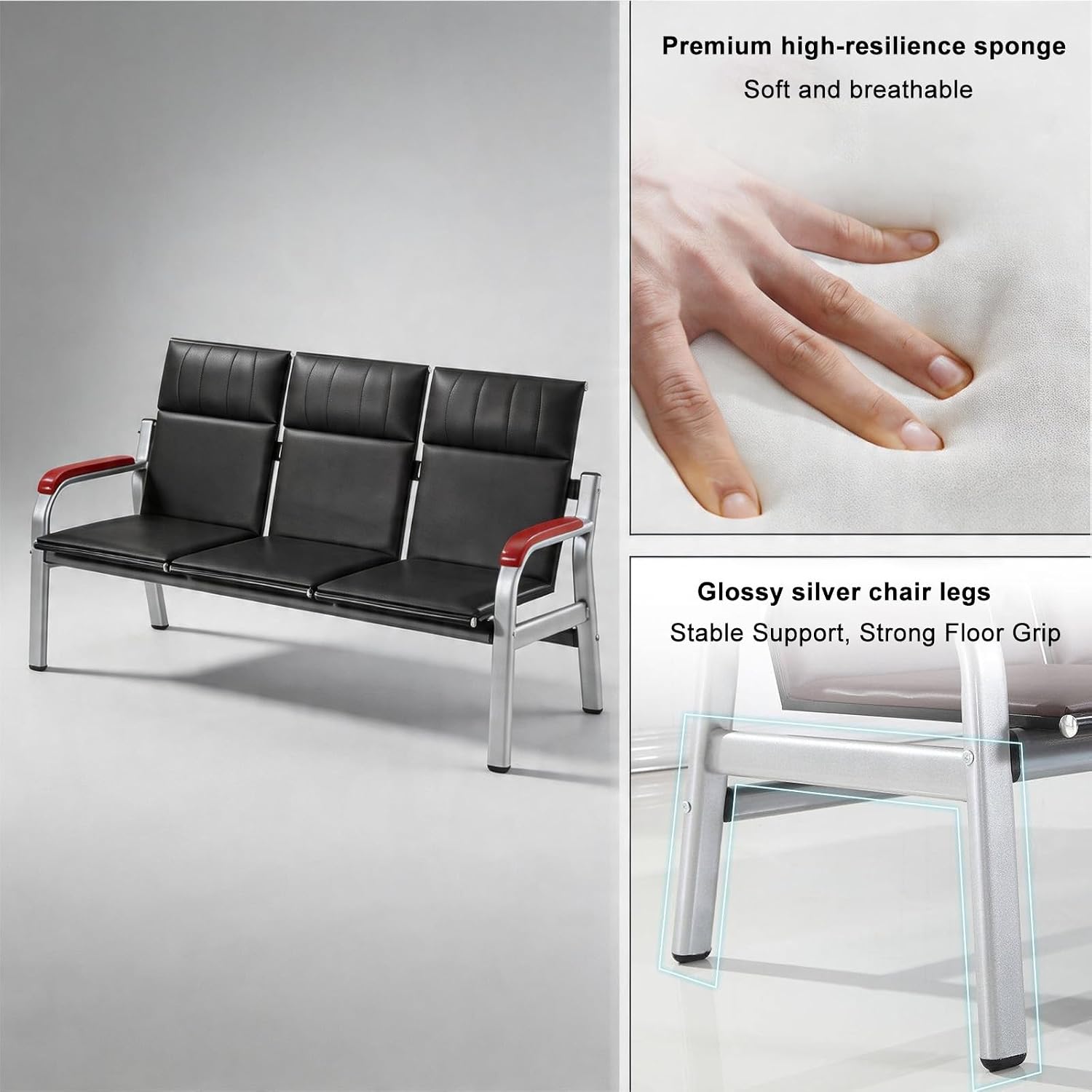 Office Reception Waiting Room Chairs with Headrest, 3-Seater Guest Reception Bench, PU Leather Lobby Sofa Office Waiting Room Furniture(65x91cm/25.6x35.8in)