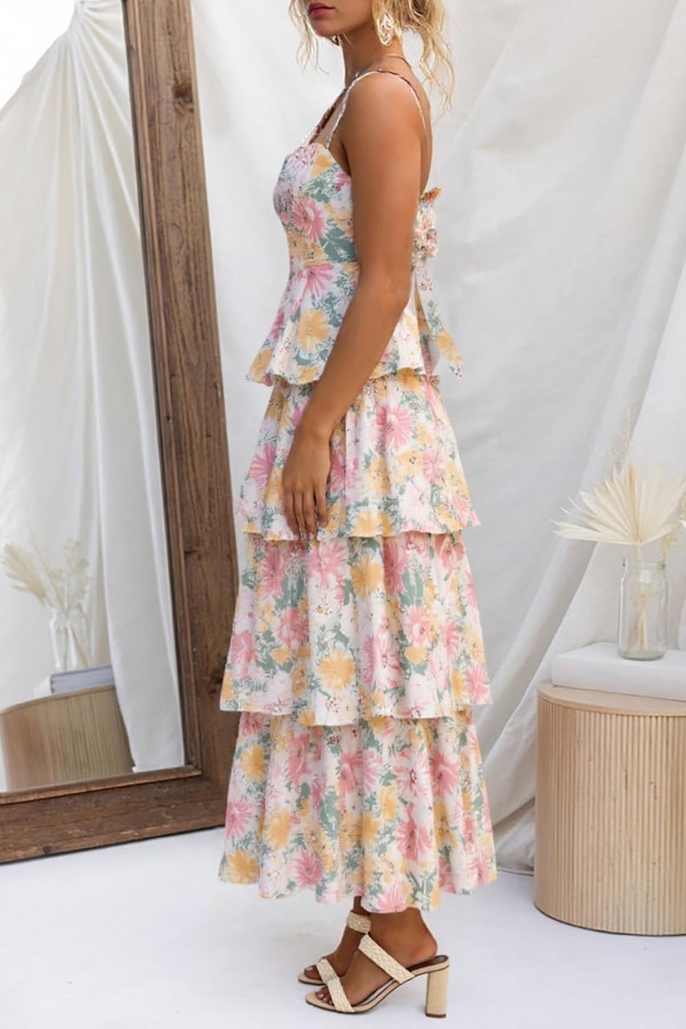 Fisoew Womens Floral Maxi Dresses Spaghetti Strap Casual Sleeveless Ruffle Flowy Tiered Dress - Image 3