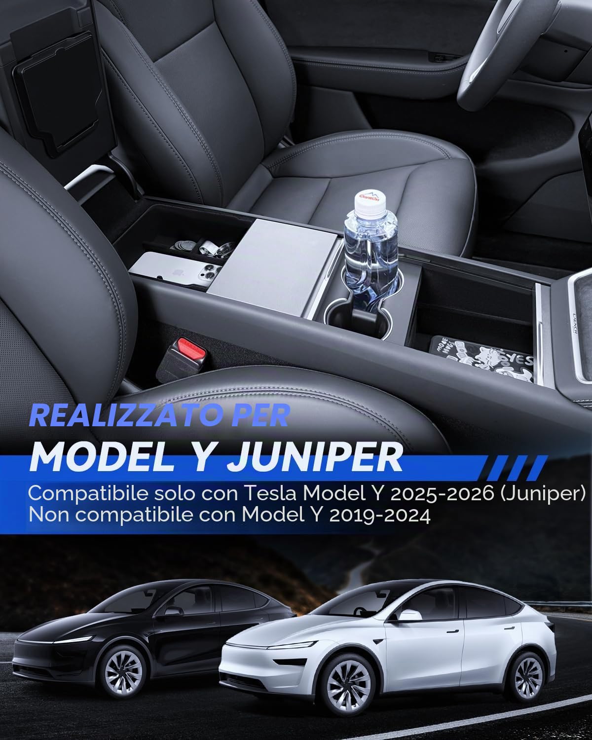 5 pezzi accessori per Tesla Model Y 2025-2026 Juniper console centrale, vassoio organizer in silicone, scatola portaoggetti per braccioli, scatola nascosta e portabevande (Flocking)