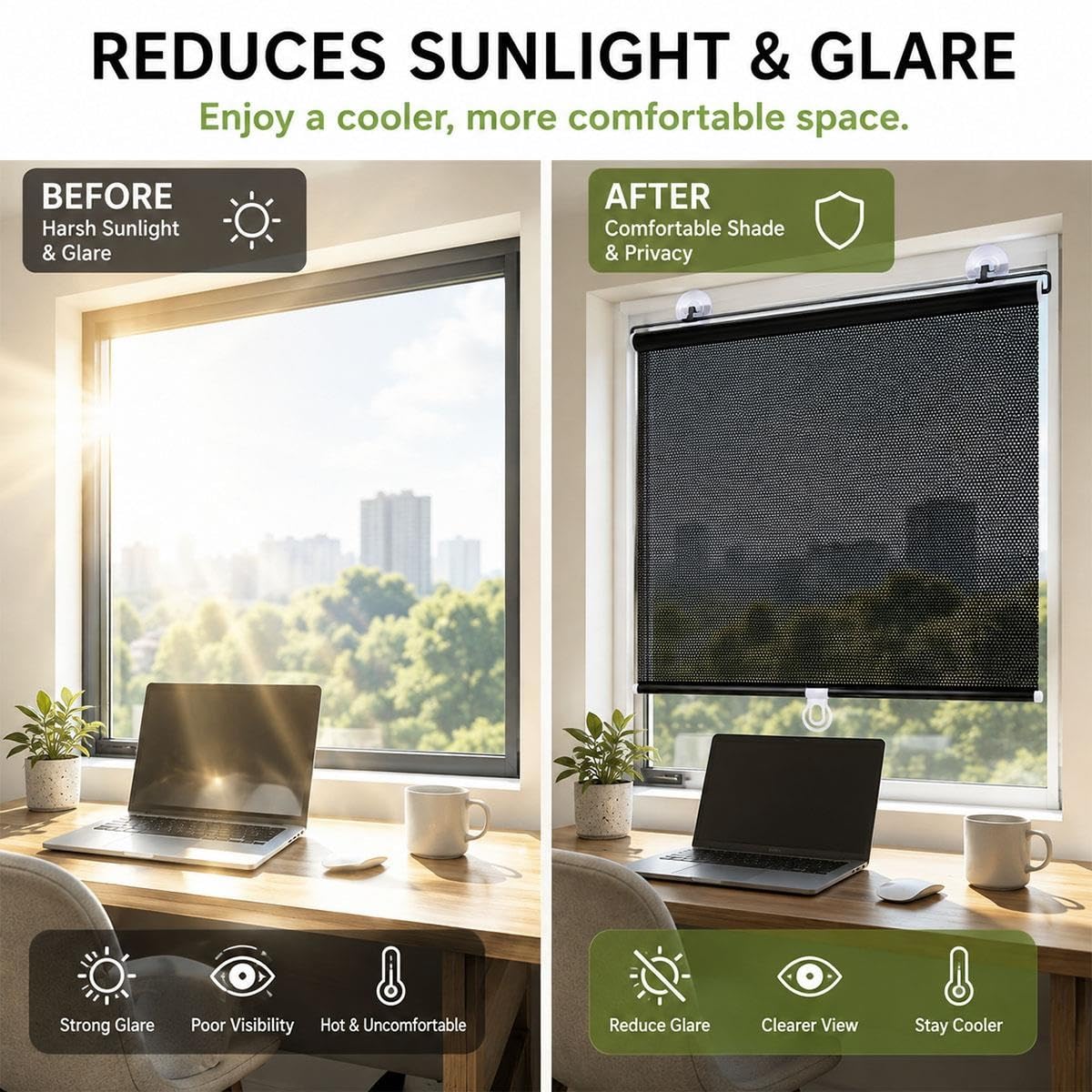 Store Enrouleur à Ventouses, Pare-Soleil Rétractable sans Perçage pour Fenêtre Bureau Véranda Fenêtre de Toit et Voiture, Store Intérieur Anti-Éblouissement et Brise-Vue(W 60 x 120 cm)