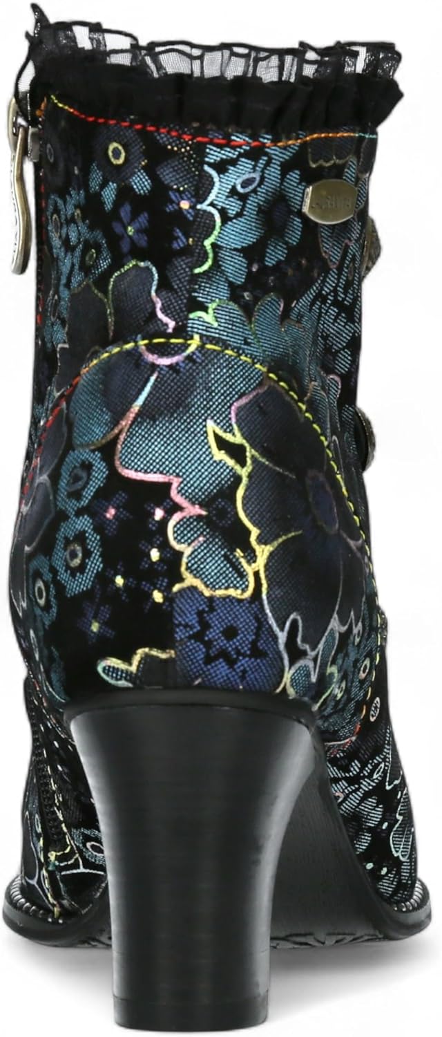 Laura Vita Women’s Elcodieo 224 Gothic Victorian Blue Floral Leather Ankle Boots – Vintage Lace-Up Zip Closure
