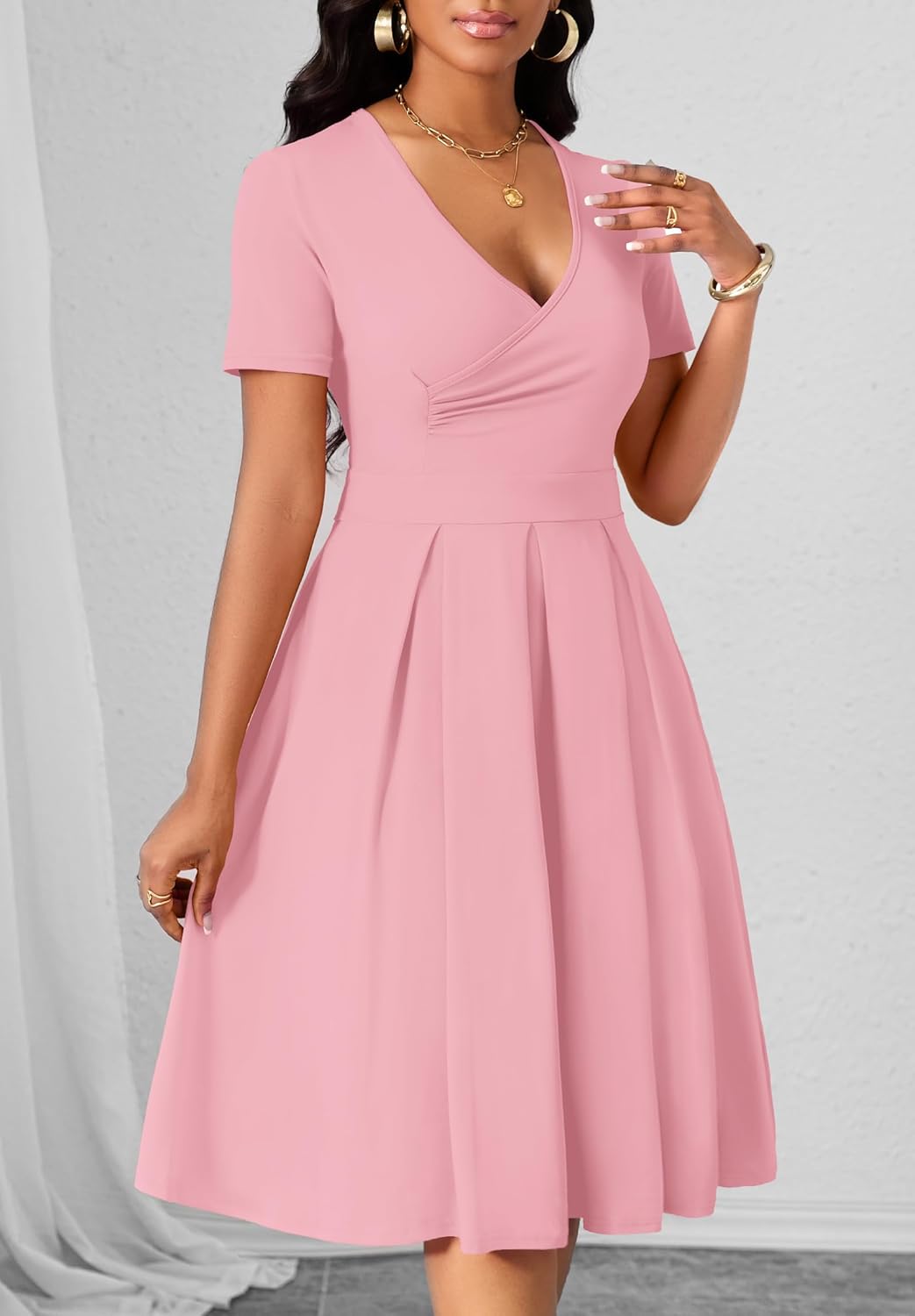 Women's Casual Wrap Dress Wedding Guest Dresses with Pockets Short Sleeve A-Line Swing V-Neck Pleated Dresses - Image 5