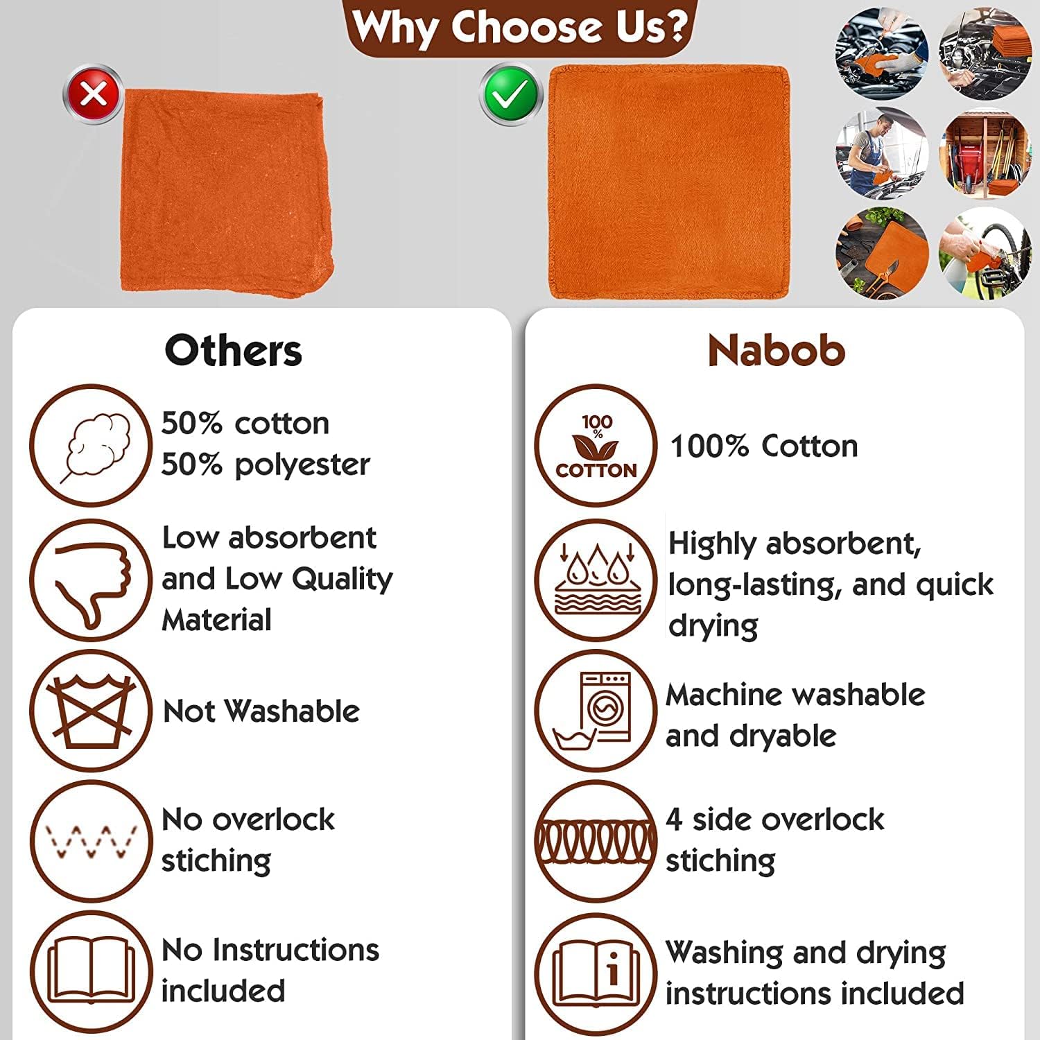 Nabob Wipers Shop Towels 50 Pack Cotton Rags Size 14"x14" Commercial Grade (50 Pack, Orange) image 3