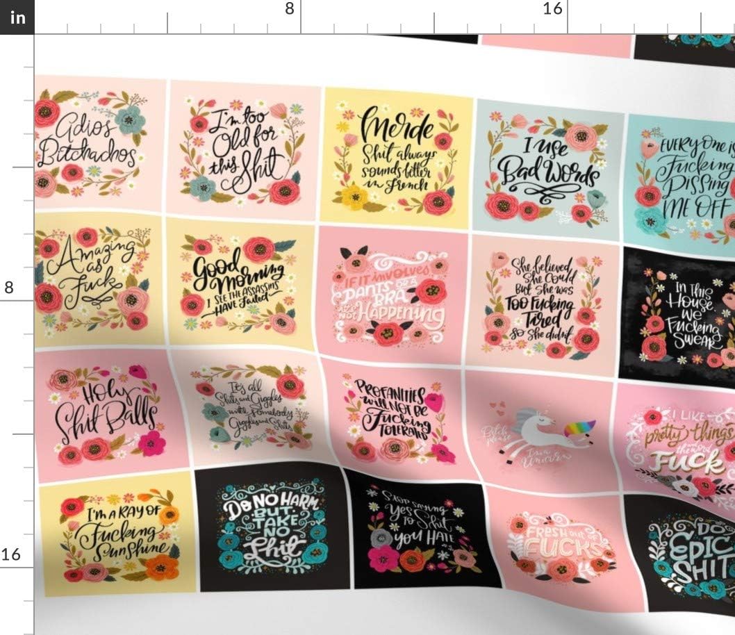 Spoonflower Fabric - Pink Flowers Floral Funny Girly Patchwork Profanity Swear Curse Words Printed on Petal Signature Cotton Fabric by The Yard - Sewing Quilting Apparel Crafts Decor