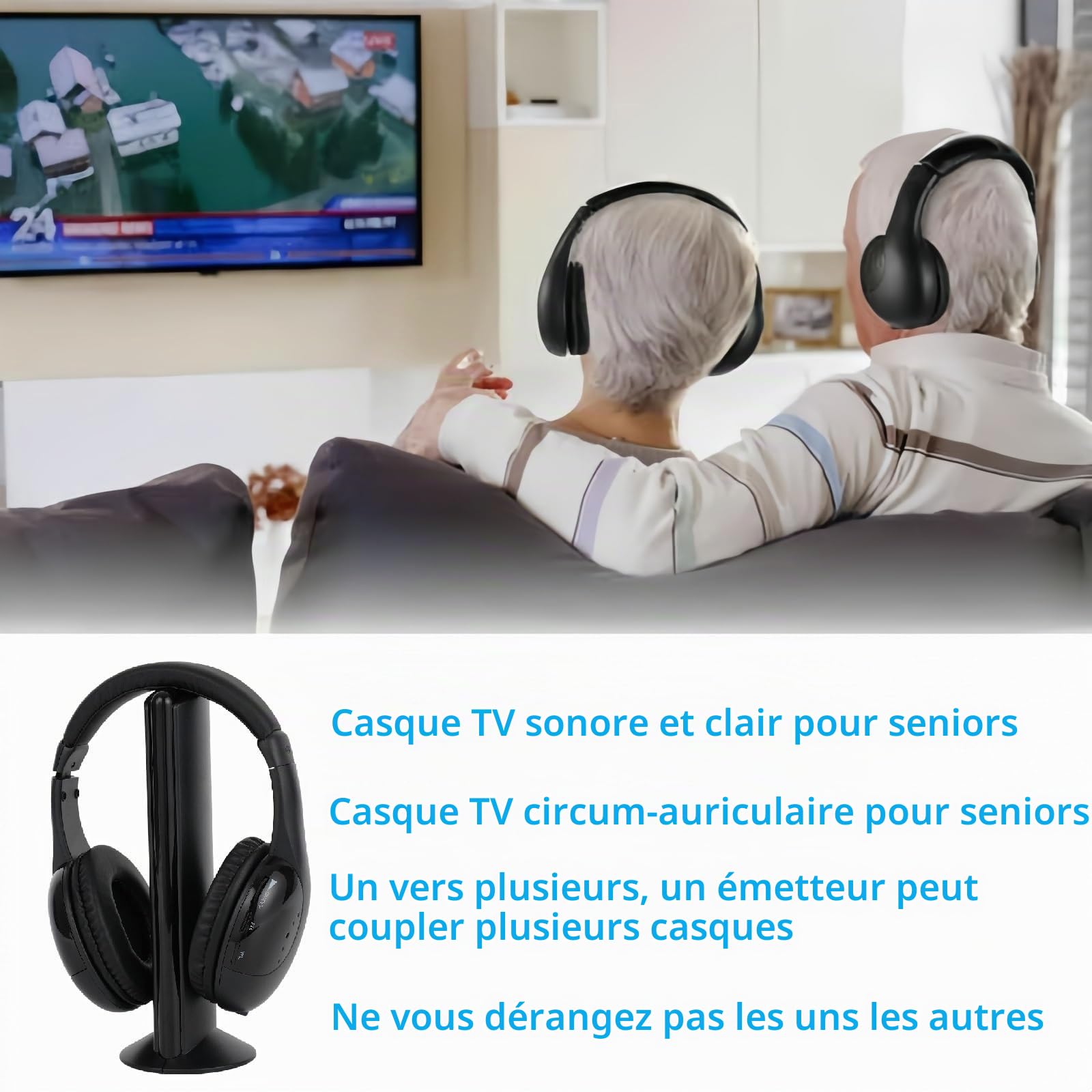 Casque TV sans Fil, Casque sans Fil avec Base éMettrice, Casque TV sans Fil avec Fonction Radio FM pour Personnes âGéEs, Prise en Charge des Ports De Sortie Audio RCA, Aux, Optique et Coaxial