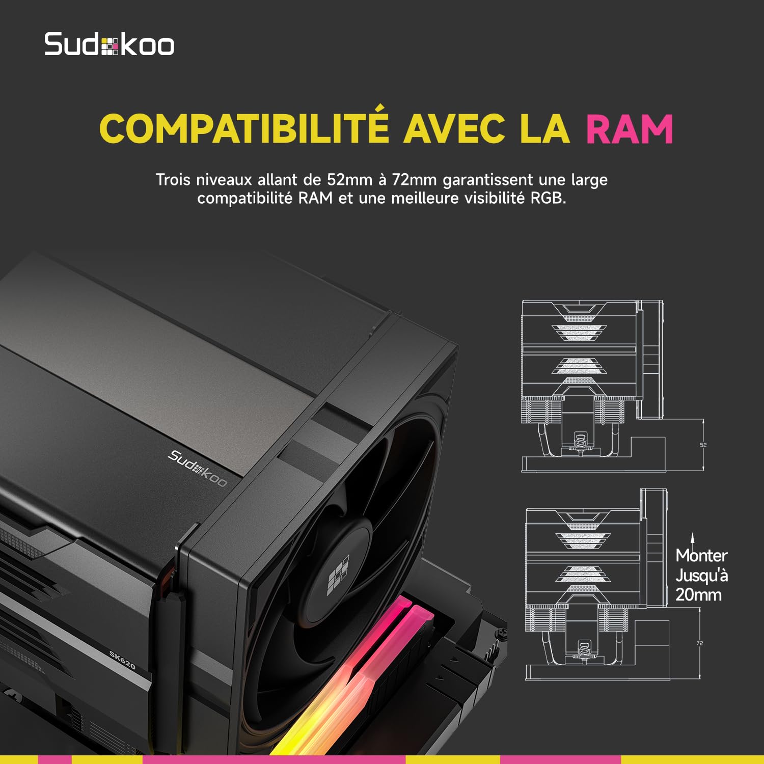 Sudokoo SK620 Ventirad AM5: Ventilateur Processeur PC - Refroidisseur CPU à Double Tour, CPU Cooler AM5 avec 2 x 120mm Ventilateurs PWM FDB, 6 Caloducs, Montage Coulissant Sans Outil, Noir