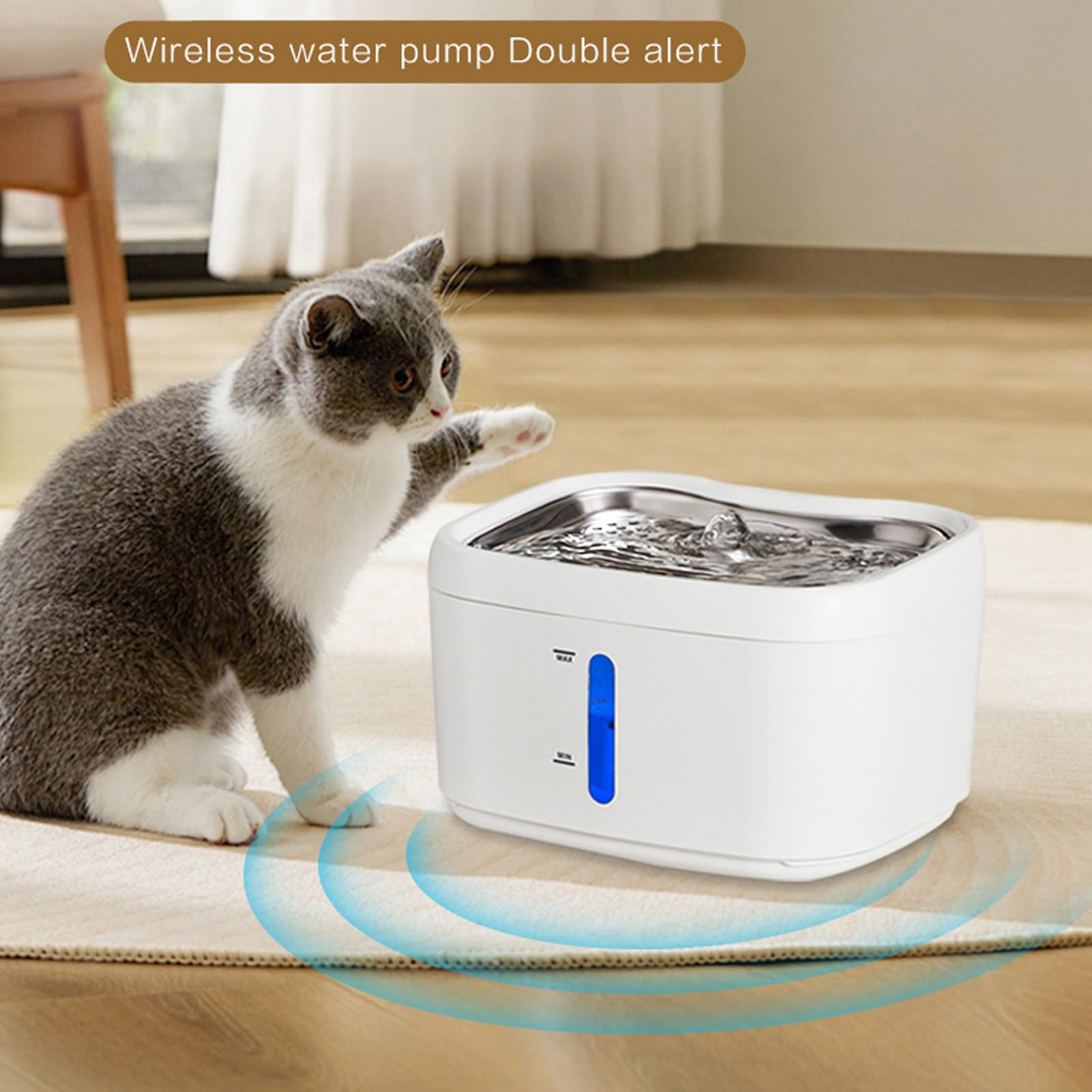 Sxhlseller Fuente de Agua Inteligente Inalámbrica para Gatos, Dispensador de Bebidas para Mascotas con Triple Filtrado de 2,5 L para Propietarios Preocupados por la Higiene, Acero Inoxidable 304